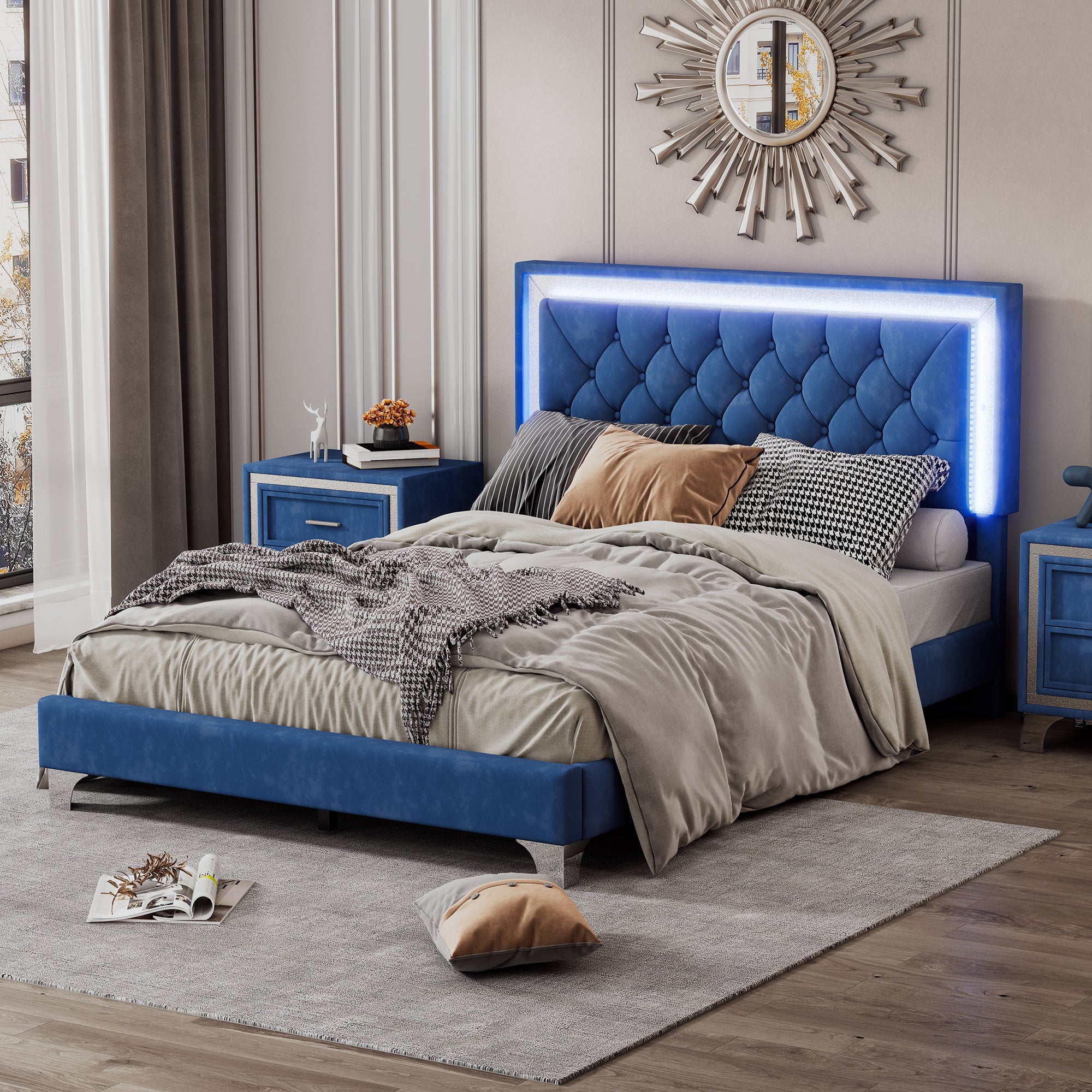 Full Size Upholstered Bed Frame With Led Lights,Modern Velvet Platform Bed With Tufted Headboard,Blue Blue Velvet