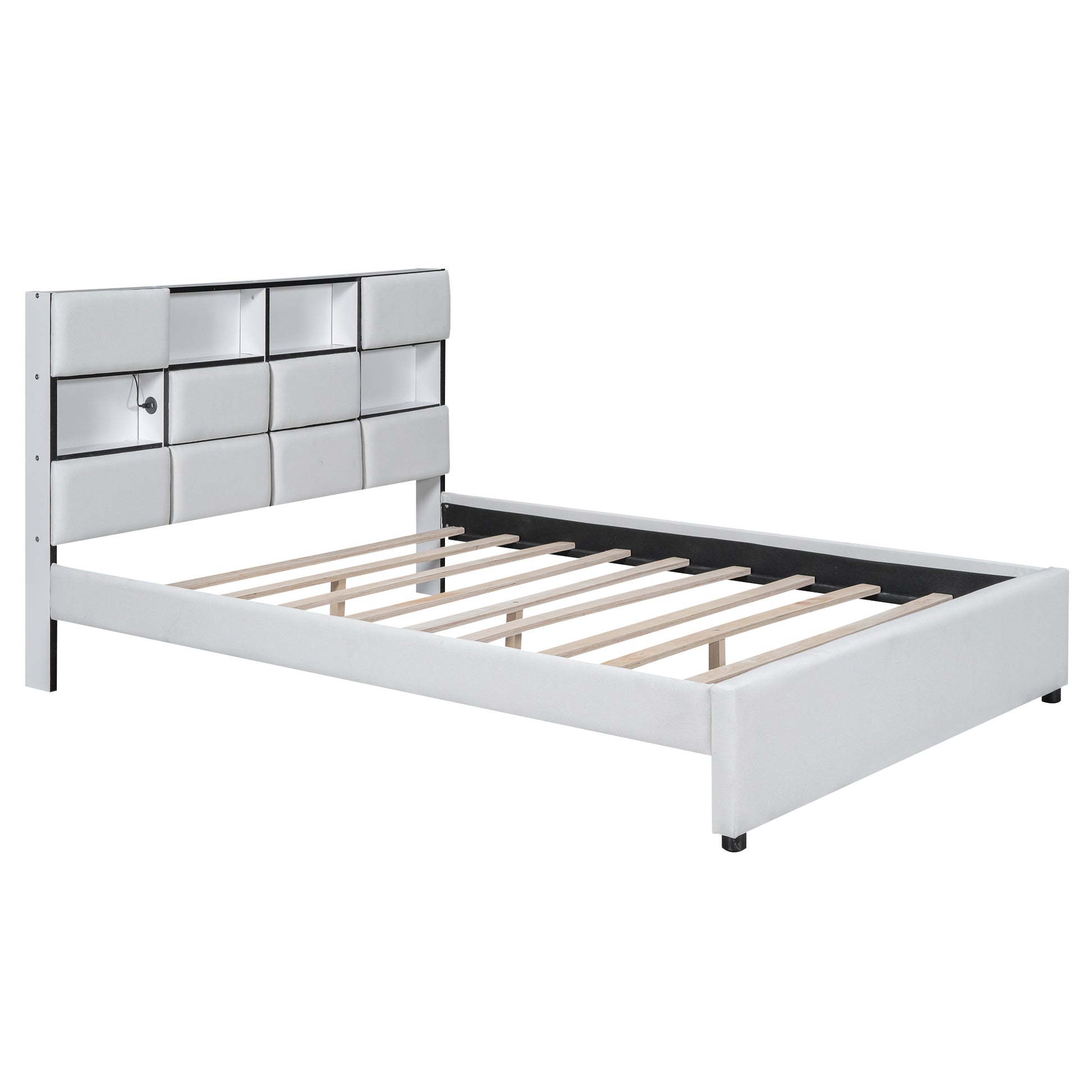 Queen Size Upholstered Platform Bed With Led, Storage And Usb, Beige Box Spring Not Required Queen Beige Wood Bedroom Solid Wood Mdf
