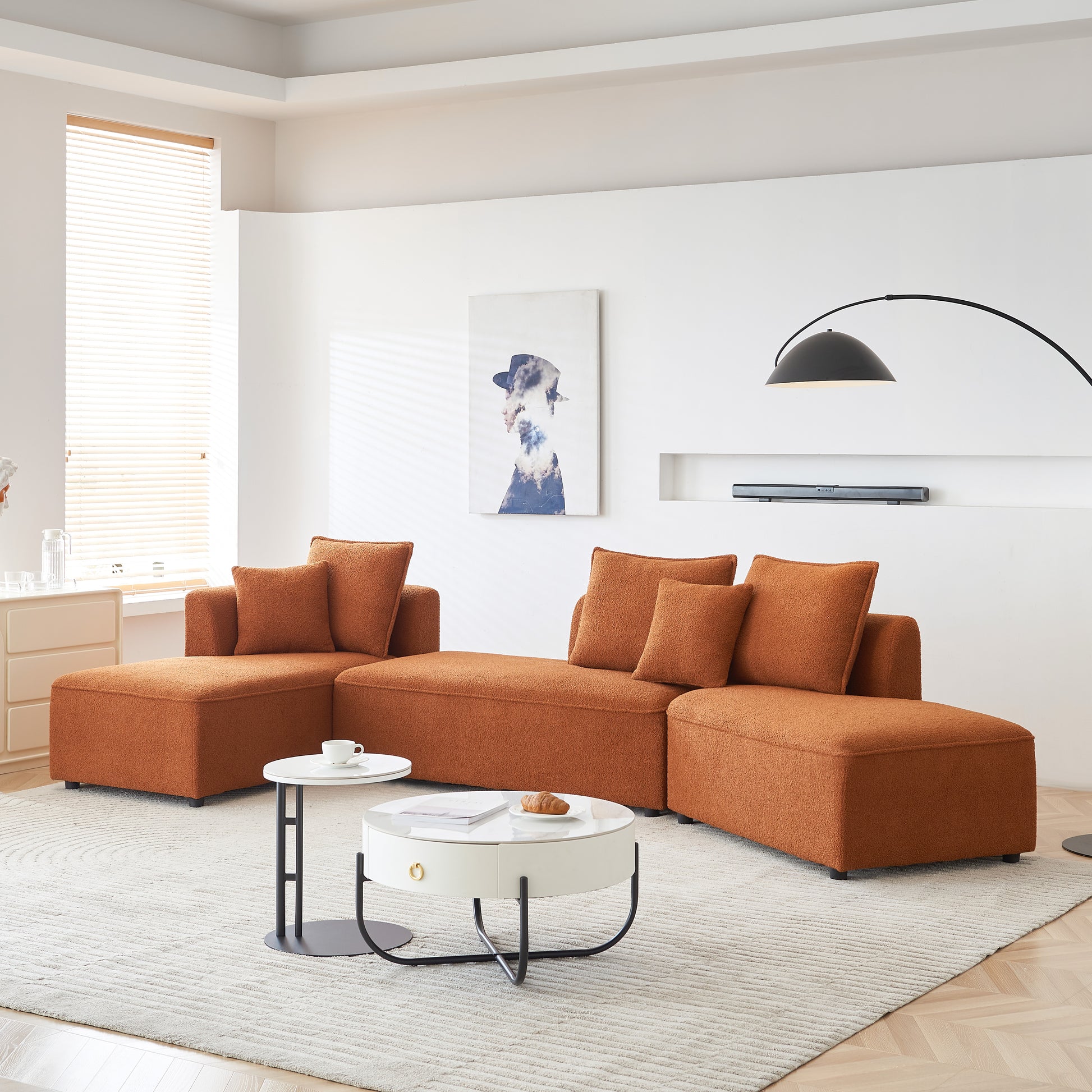 Curved Modular Sectional Sofa For Living Room, Oversized L Shaped Couch With Chaise Lounge Sofa Set, Upholstered Sofa With 3 Back Pillows & 2 Throw Pillow, For Home Office, Orange Orange Foam Sherpa