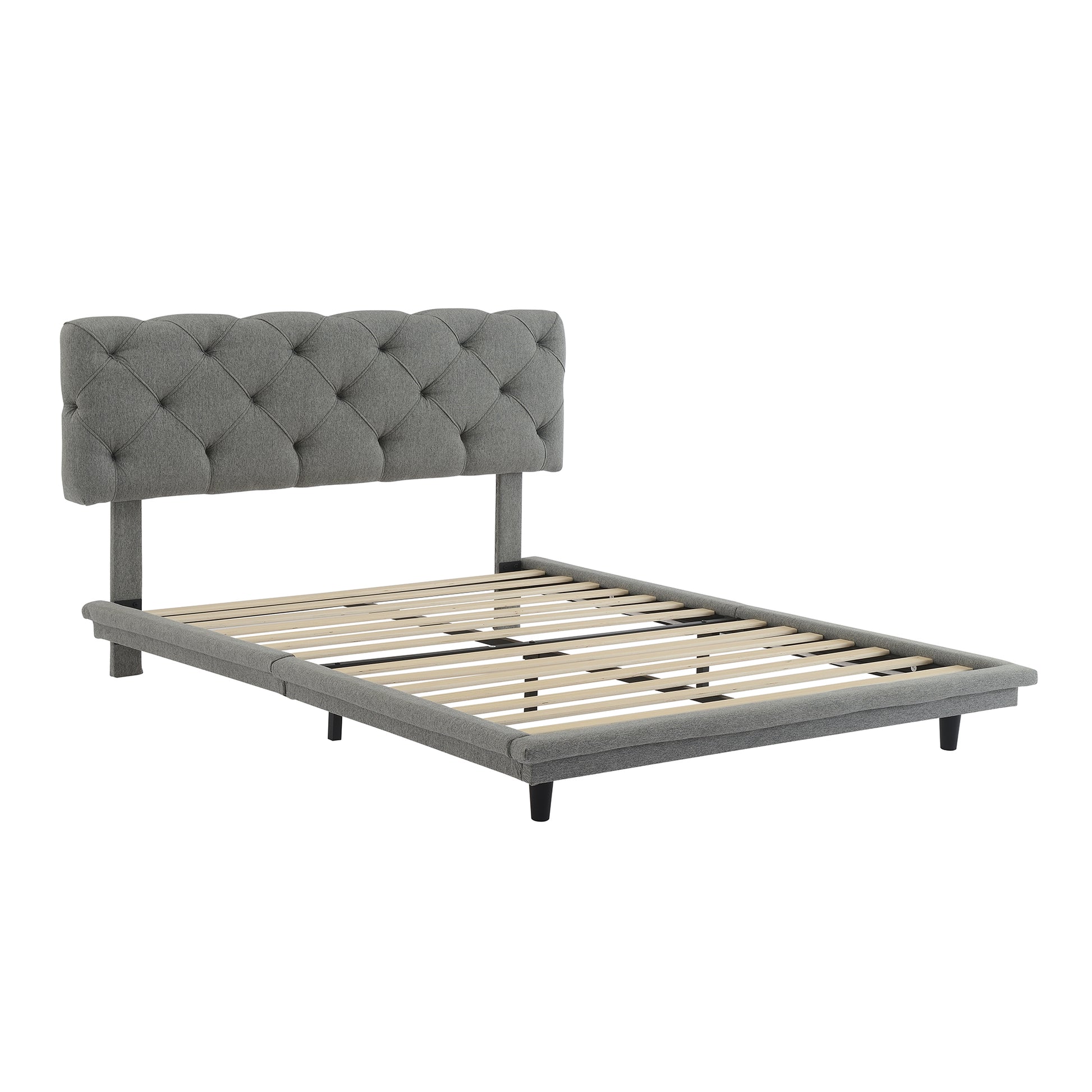 Full Size Upholstered Bed With Light Stripe, Floating Platform Bed, Linen Fabric,Gray Full Gray Linen