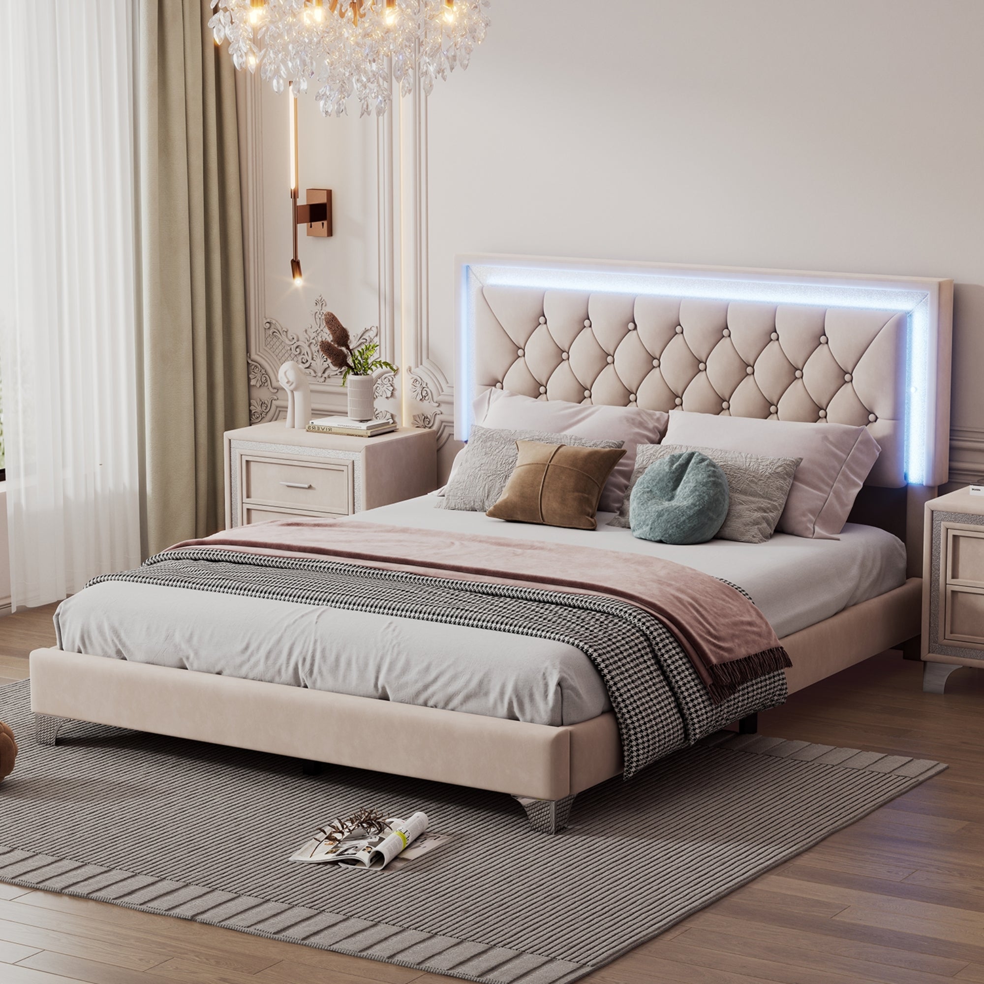 Queen Size Upholstered Bed Frame With Led Lights,Modern Velvet Platform Bed With Tufted Headboard,Beige Beige Velvet