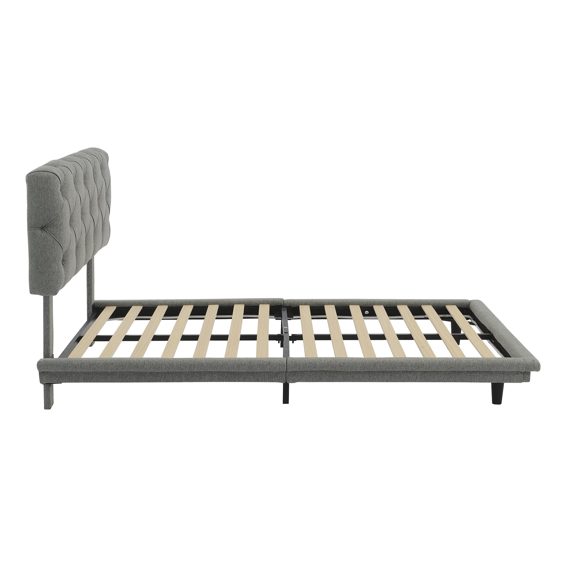Full Size Upholstered Bed With Light Stripe, Floating Platform Bed, Linen Fabric,Gray Full Gray Linen