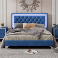 Full Size Upholstered Bed Frame With Led Lights,Modern Velvet Platform Bed With Tufted Headboard,Blue Blue Velvet