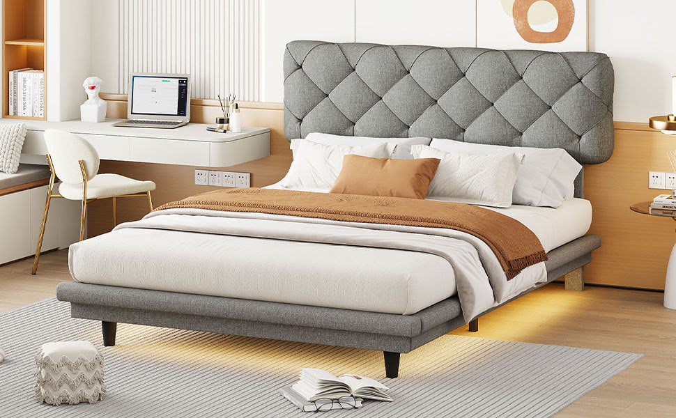 Full Size Upholstered Bed With Light Stripe, Floating Platform Bed, Linen Fabric,Gray Full Gray Linen