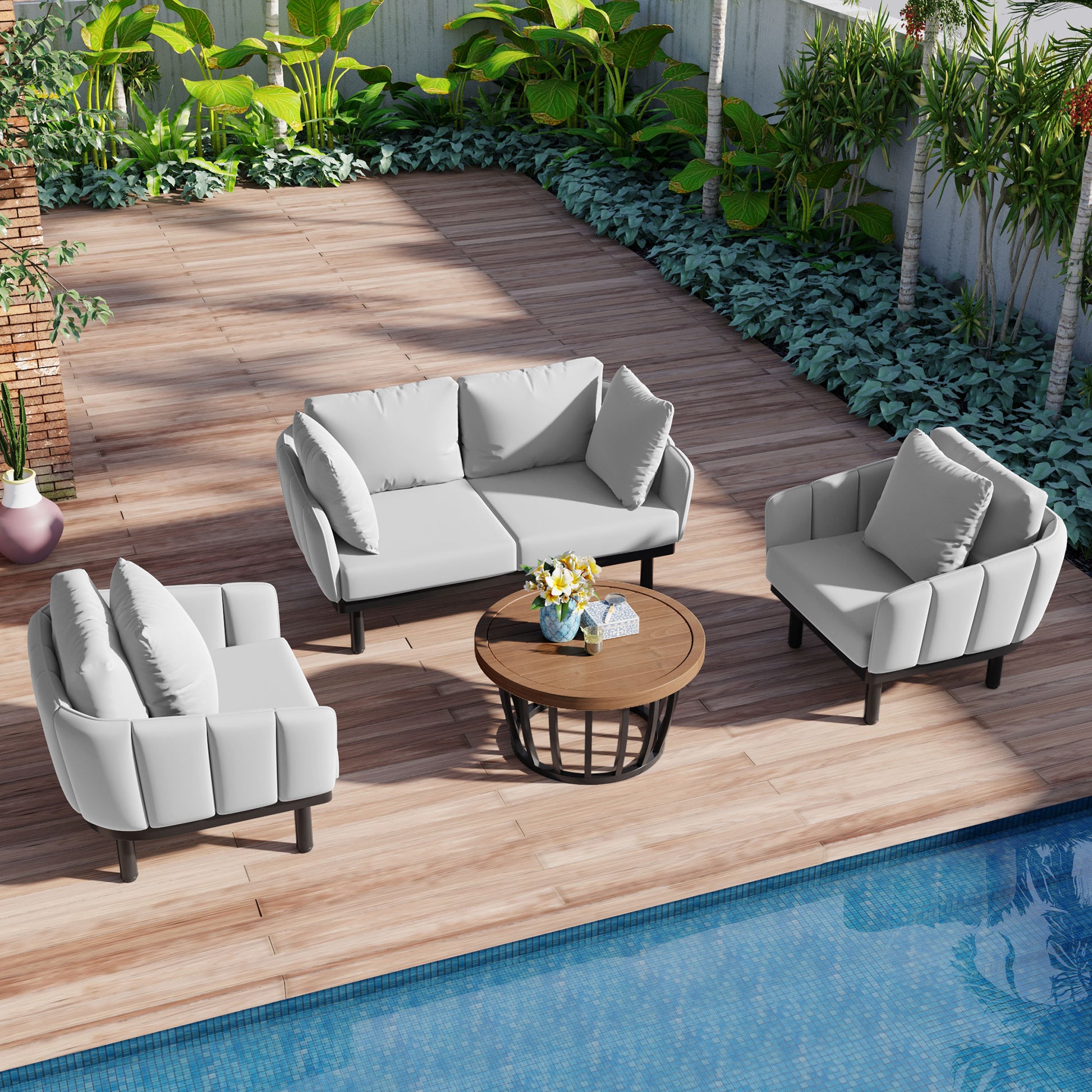 Luxury Modern 4 Piece Outdoor Iron Frame Conversation Set, Patio Chat Set With Acacia Wood Round Coffee Table For Backyard, Deck, Poolside, Indoor Use, Loveseat Arm Chairs, Gray Yes Sectional Gray Weather Resistant Frame Water Resistant Cushion Garden &