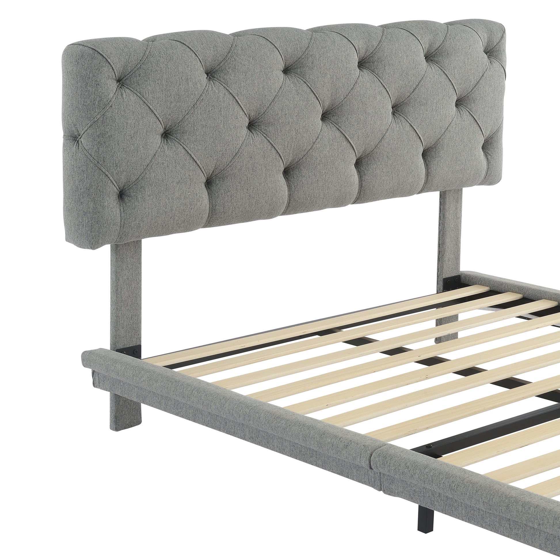 Full Size Upholstered Bed With Light Stripe, Floating Platform Bed, Linen Fabric,Gray Full Gray Linen