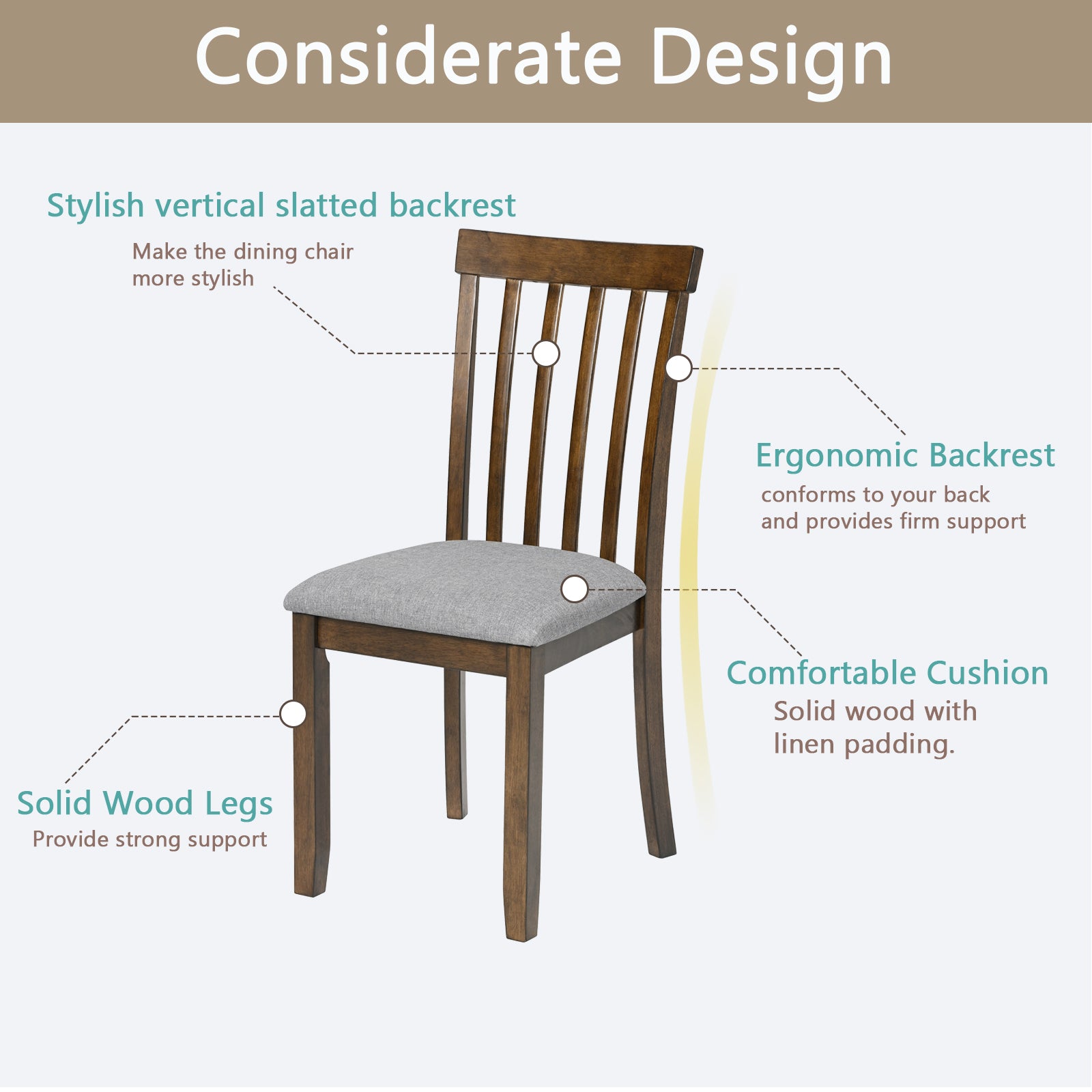 Wooden Dining Chairs Set Of 4, Kitchen Chair With Padded Seat, Upholstered Side Chair For Dining Room, Living Room, Walnut Walnut Dining Room Rubberwood Rubber Wood
