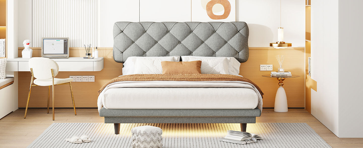 Full Size Upholstered Bed With Light Stripe, Floating Platform Bed, Linen Fabric,Gray Full Gray Linen
