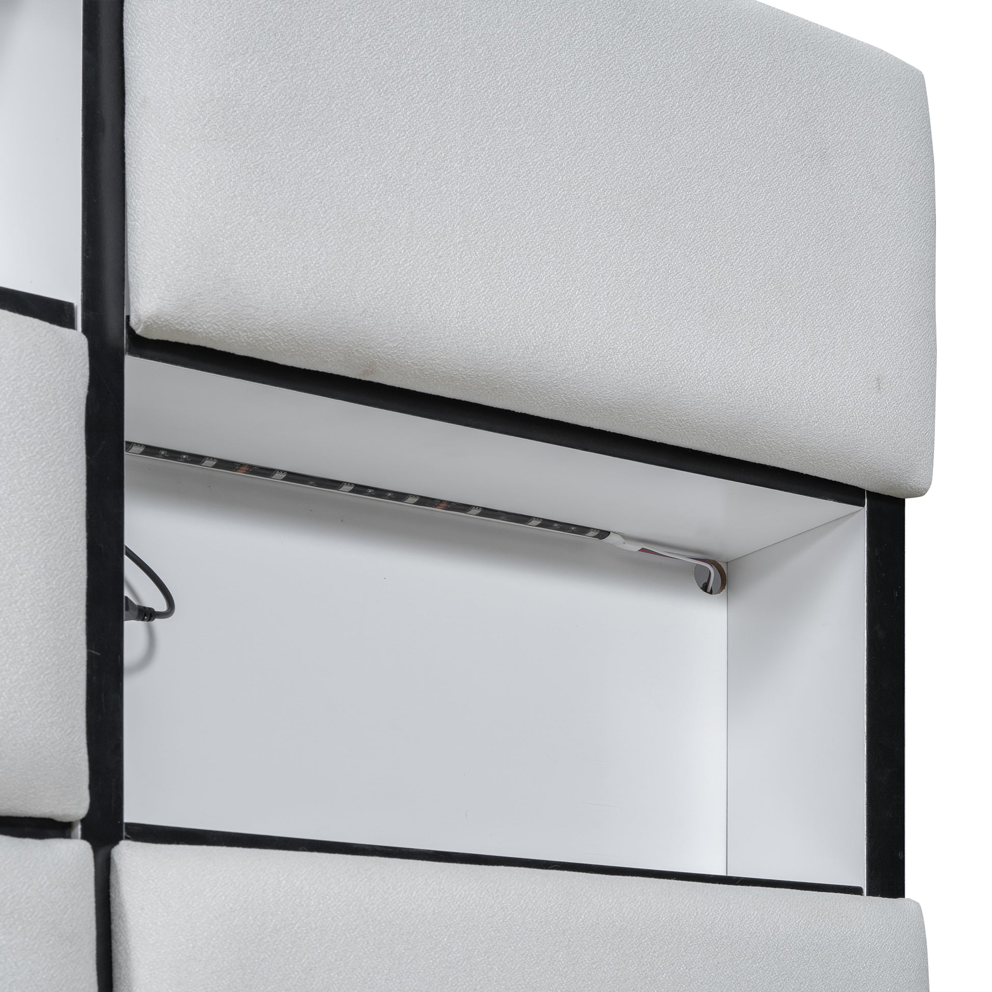 Queen Size Upholstered Platform Bed With Led, Storage And Usb, Beige Box Spring Not Required Queen Beige Wood Bedroom Solid Wood Mdf