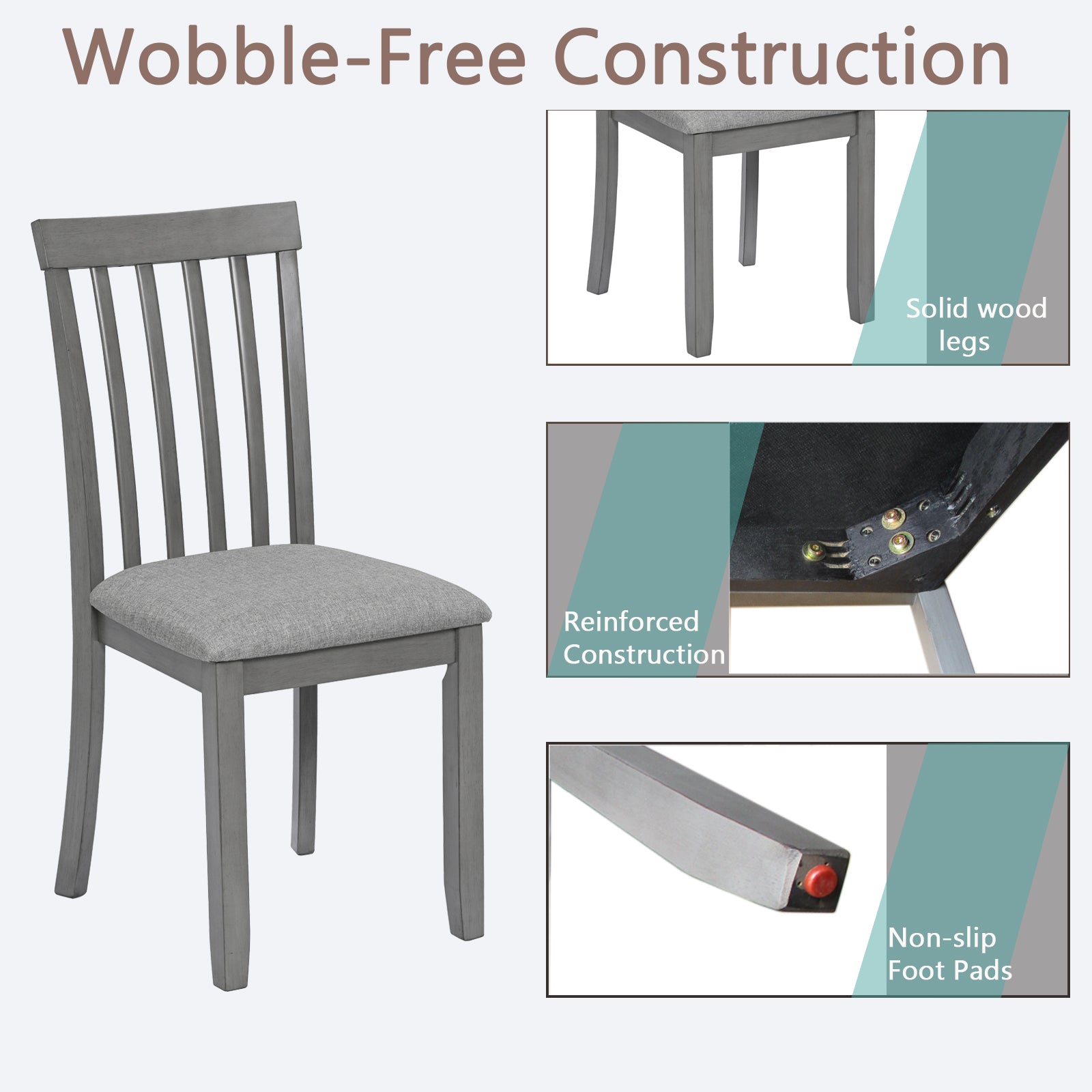 Wooden Dining Chairs Set Of 4, Kitchen Chair With Padded Seat, Upholstered Side Chair For Dining Room, Living Room, Gray Gray Dining Room Rubberwood Rubber Wood