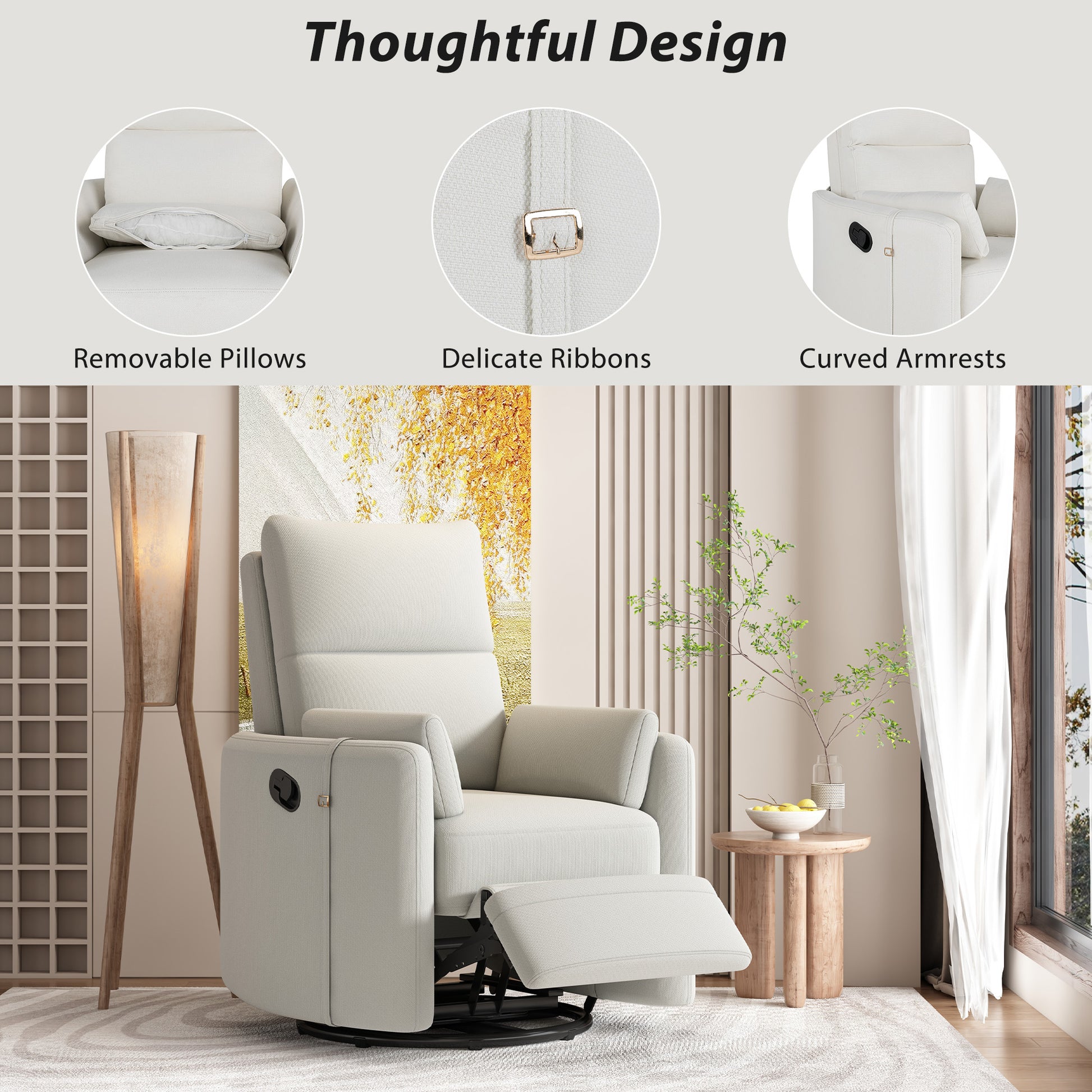 Upholstered Swivel Recliner Manual Rocker Recliner Chair Baby Nursery Chair With Two Removable Pillows For Living Room, Beige Beige Foam Linen