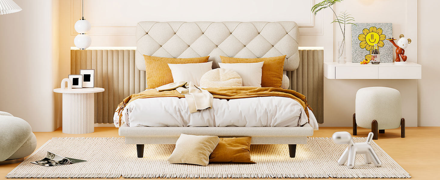 Full Size Upholstered Bed With Light Stripe, Floating Platform Bed, Linen Fabric,Beige Full Beige Linen