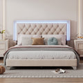 Queen Size Upholstered Bed Frame With Led Lights,Modern Velvet Platform Bed With Tufted Headboard,Beige Beige Velvet