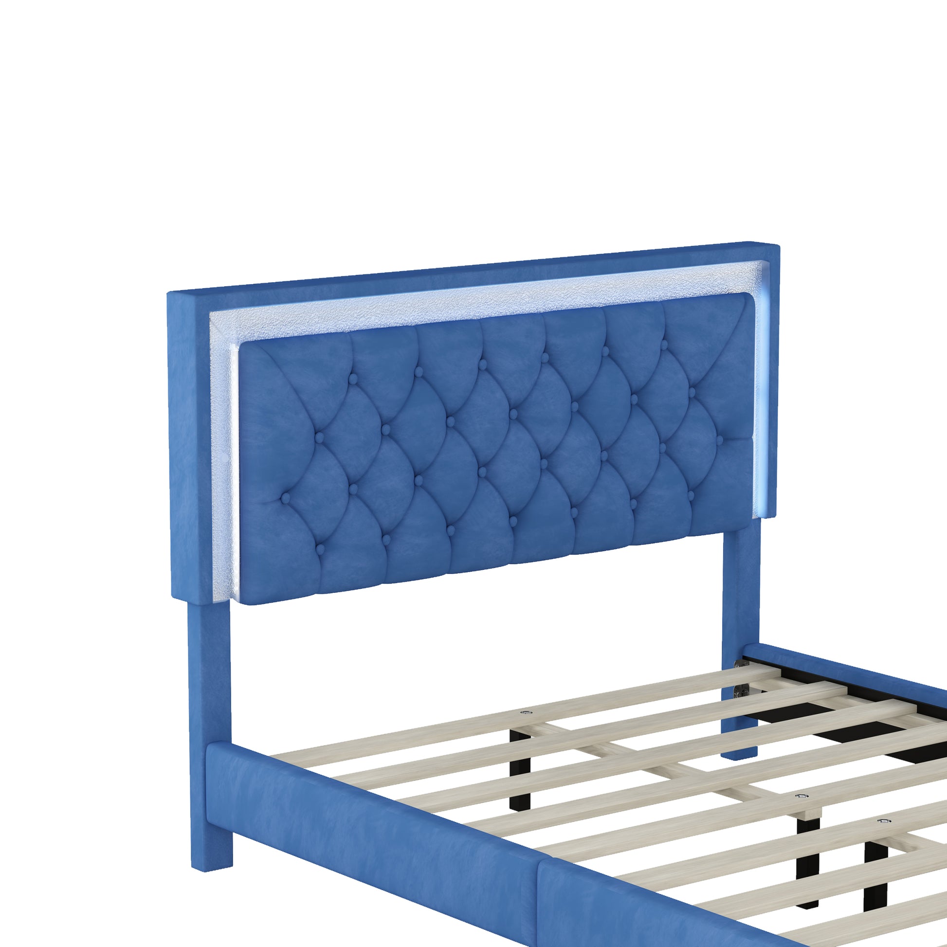 Full Size Upholstered Bed Frame With Led Lights,Modern Velvet Platform Bed With Tufted Headboard,Blue Blue Velvet