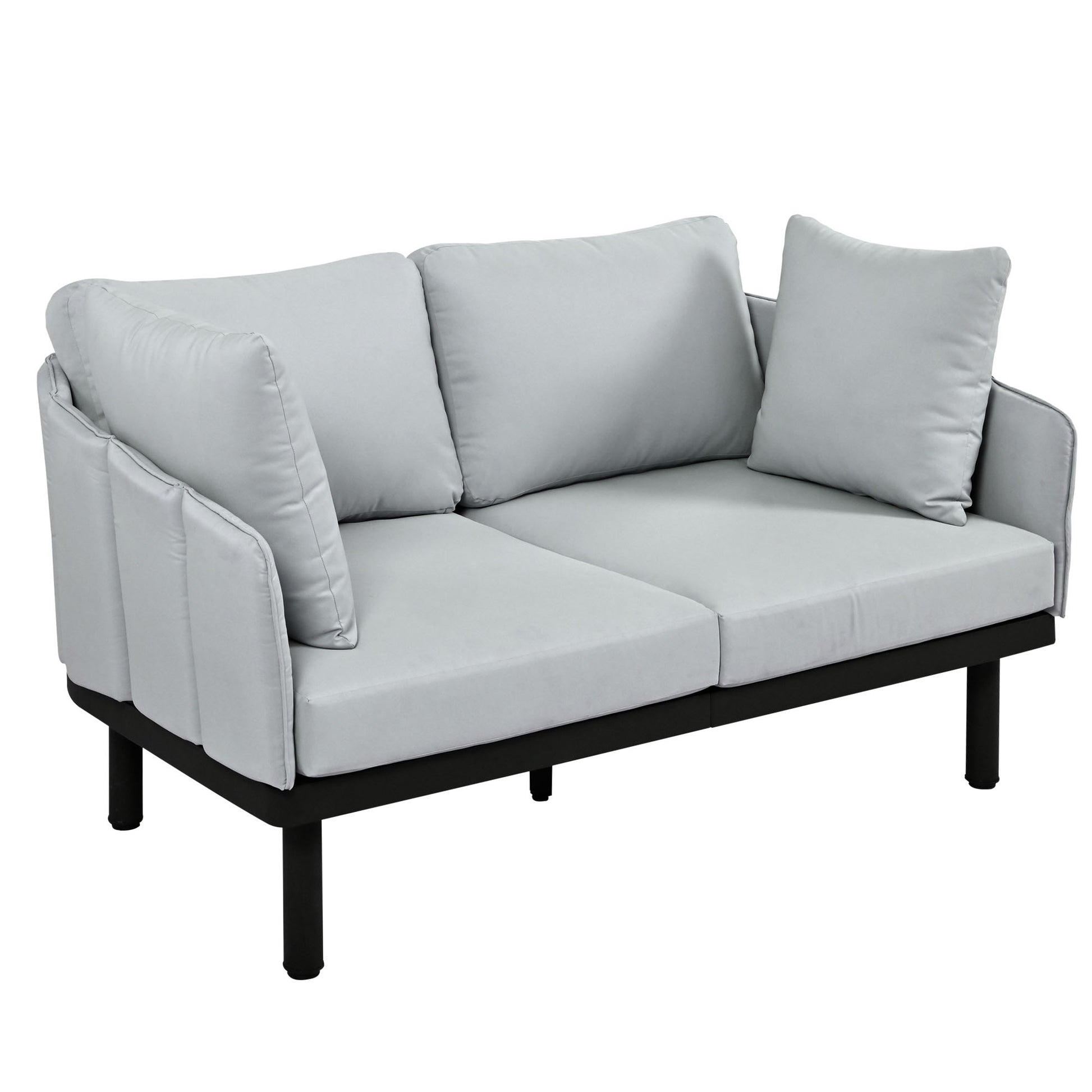 Luxury Modern 4 Piece Outdoor Iron Frame Conversation Set, Patio Chat Set With Acacia Wood Round Coffee Table For Backyard, Deck, Poolside, Indoor Use, Loveseat Arm Chairs, Gray Yes Sectional Gray Weather Resistant Frame Water Resistant Cushion Garden &