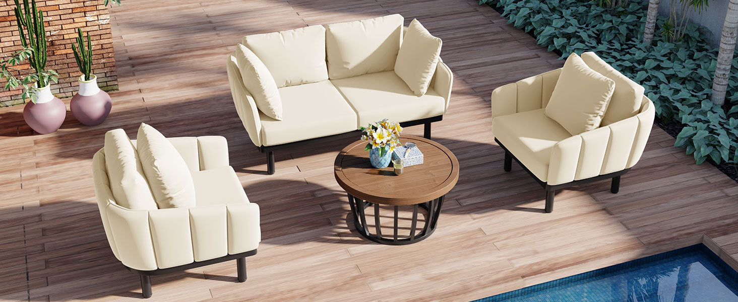 Luxury Modern 4 Piece Outdoor Iron Frame Conversation Set, Patio Chat Set With Acacia Wood Round Coffee Table For Backyard, Deck, Poolside, Indoor Use, Loveseat Arm Chairs, Beige Yes Sectional Beige Weather Resistant Frame Water Resistant Cushion Garden