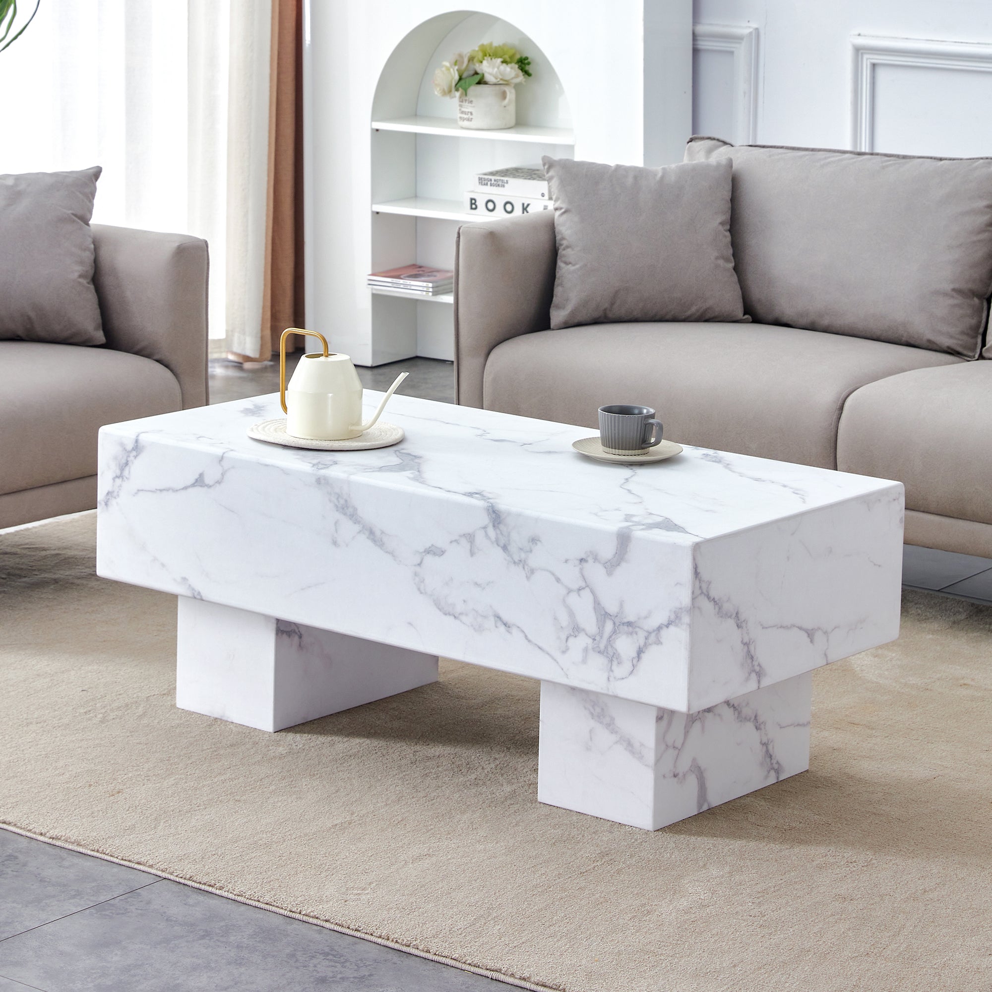 The White Coffee Table Has Patterns. Modern Rectangular Table, Suitable For Living Rooms And Apartments. 43.3"*21.6"*17.2" White Mdf
