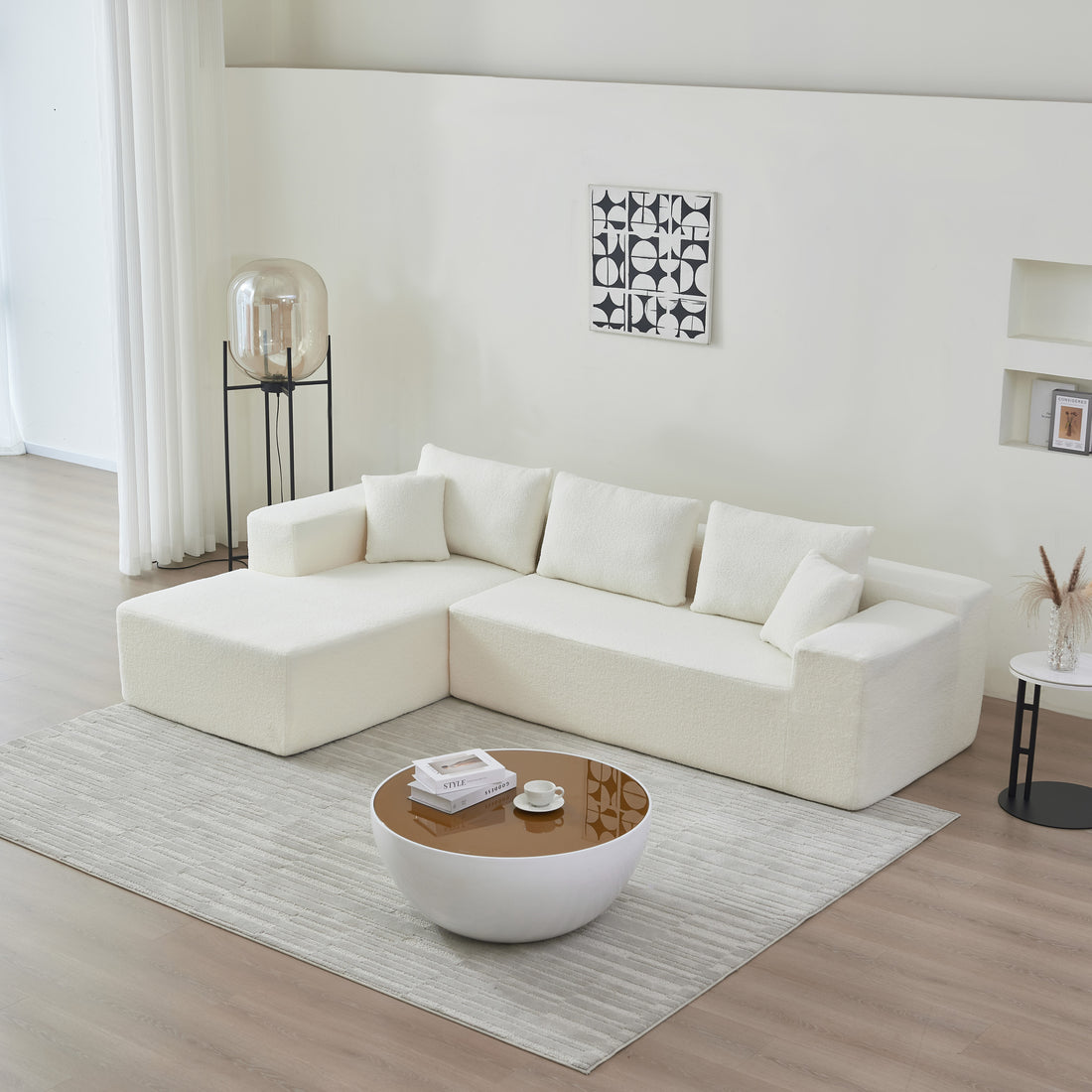 104.33" Sponge Sectional Sofa Couch For Living Room, L Shaped Modern Lamb Modular High Density Sponge Floor Sofa, Sherpa Fabric Sofa Couch With Chaise Lounge, Upholstered Corner Cloud Couch, White White Primary Living Space Square Arms Foam Foam