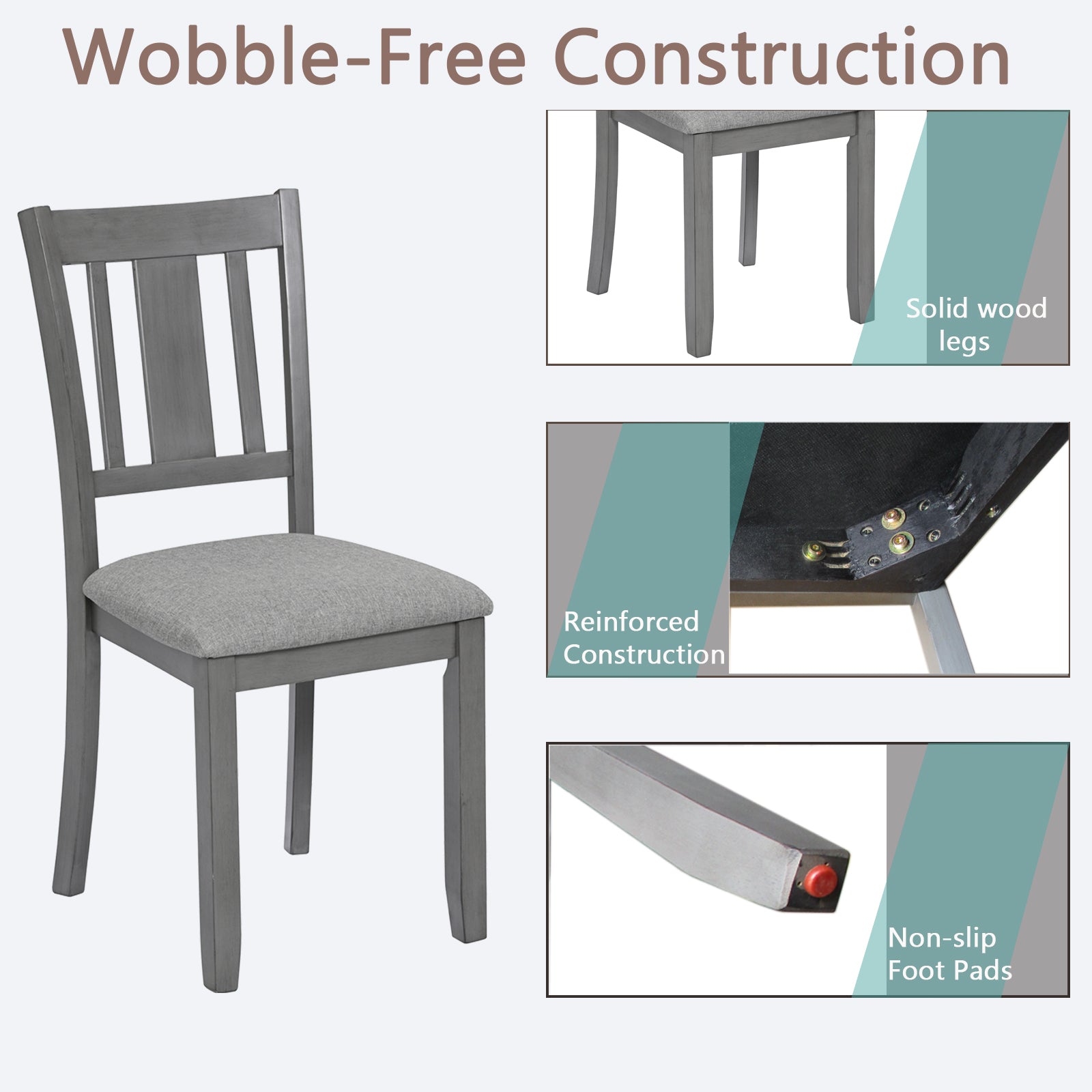 Wooden Dining Chairs Set Of 4, Kitchen Chair With Padded Seat, Upholstered Side Chair For Dining Room, Living Room, Gray Wood Gray Solid Back Seats 4 Dining Room Rubberwood Rubber Wood