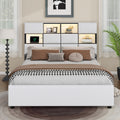 Queen Size Upholstered Platform Bed With Led, Storage And Usb, Beige Box Spring Not Required Queen Beige Wood Bedroom Solid Wood Mdf