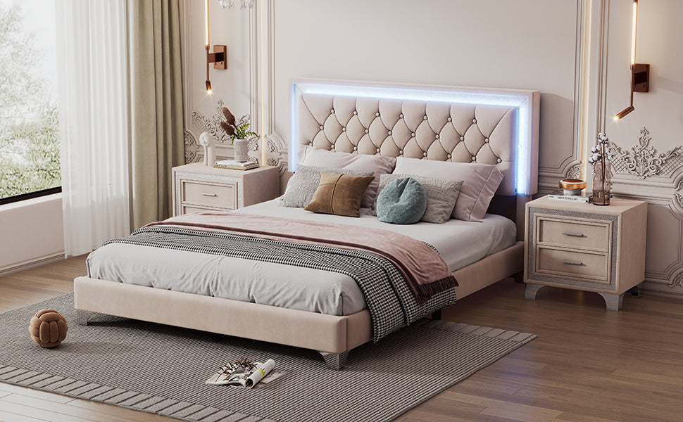 Queen Size Upholstered Bed Frame With Led Lights,Modern Velvet Platform Bed With Tufted Headboard,Beige Beige Velvet