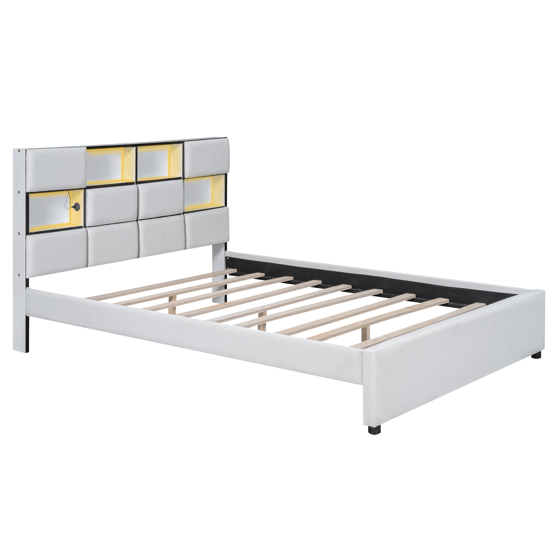 Queen Size Upholstered Platform Bed With Led, Storage And Usb, Beige Box Spring Not Required Queen Beige Wood Bedroom Solid Wood Mdf