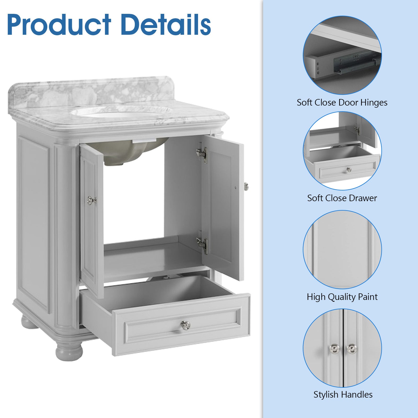 30'' Bathroom Vanity With Carrara Natural Marble Top And Backsplash, Bathroom Storage Cabinet With Doors And Drawers In Grey 1 Gray 2 Rust Resistant Bathroom Freestanding Traditional Mdf