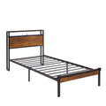 Twin Size Metal Platform Bed Frame With Wooden Headboard And Footboard With Usb Liner, Led Lights ,No Box Spring Needed, Large Under Bed Storage, Easy Assemble Black Brown Metal