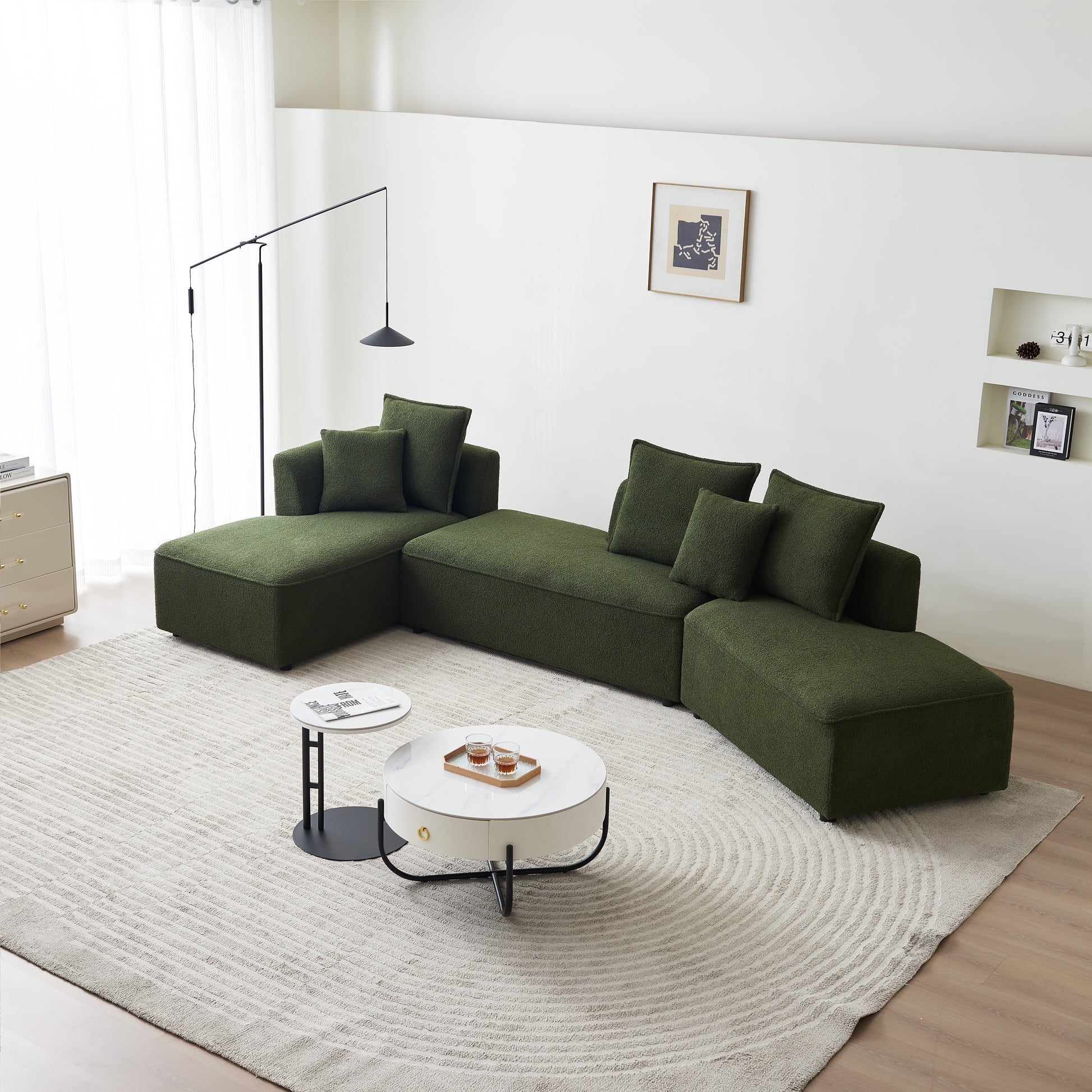 Curved Modular Sectional Sofa For Living Room, Oversized L Shaped Couch With Chaise Lounge Sofa Set, Upholstered Sofa With 3 Back Pillows & 2 Throw Pillow, For Home Office, Green Green Wood Primary Living Space Medium Soft Modern Foam Sherpa 6 Seat