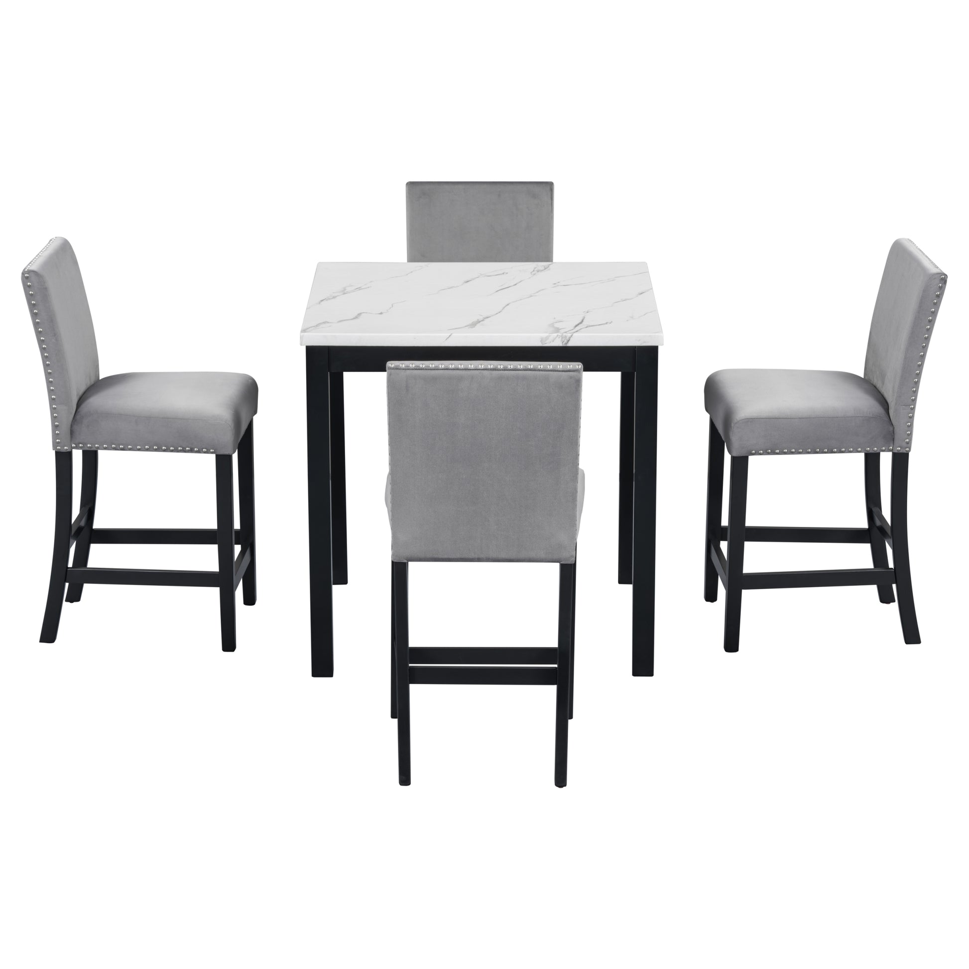 5 Piece Counter Height Dining Table Set With One Faux Marble Top Dining Table And Four Velvet Upholstered Chairs,Grey Grey Mdf