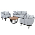 Luxury Modern 4 Piece Outdoor Iron Frame Conversation Set, Patio Chat Set With Acacia Wood Round Coffee Table For Backyard, Deck, Poolside, Indoor Use, Loveseat Arm Chairs, Gray Yes Sectional Gray Weather Resistant Frame Water Resistant Cushion Garden &