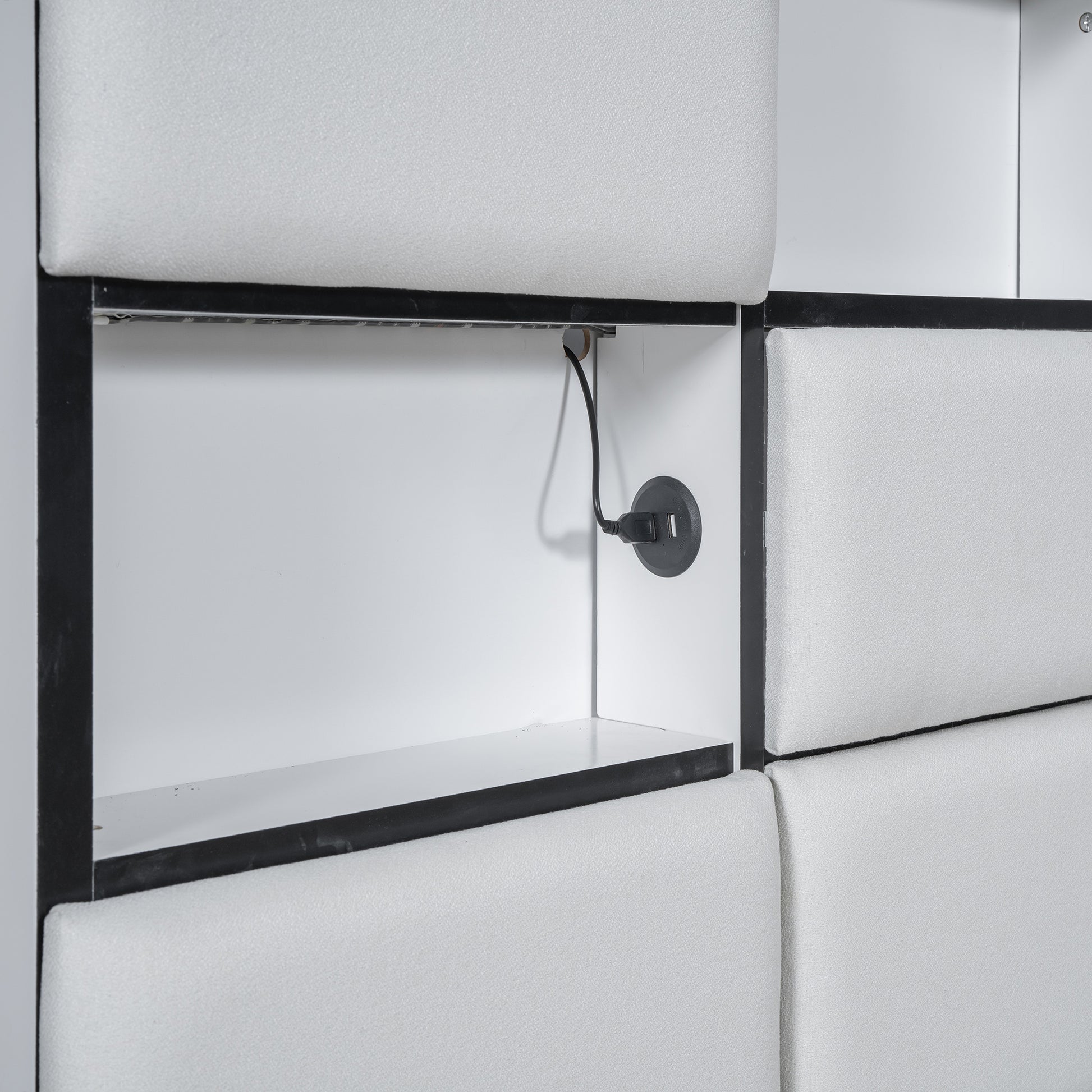 Queen Size Upholstered Platform Bed With Led, Storage And Usb, Beige Box Spring Not Required Queen Beige Wood Bedroom Solid Wood Mdf