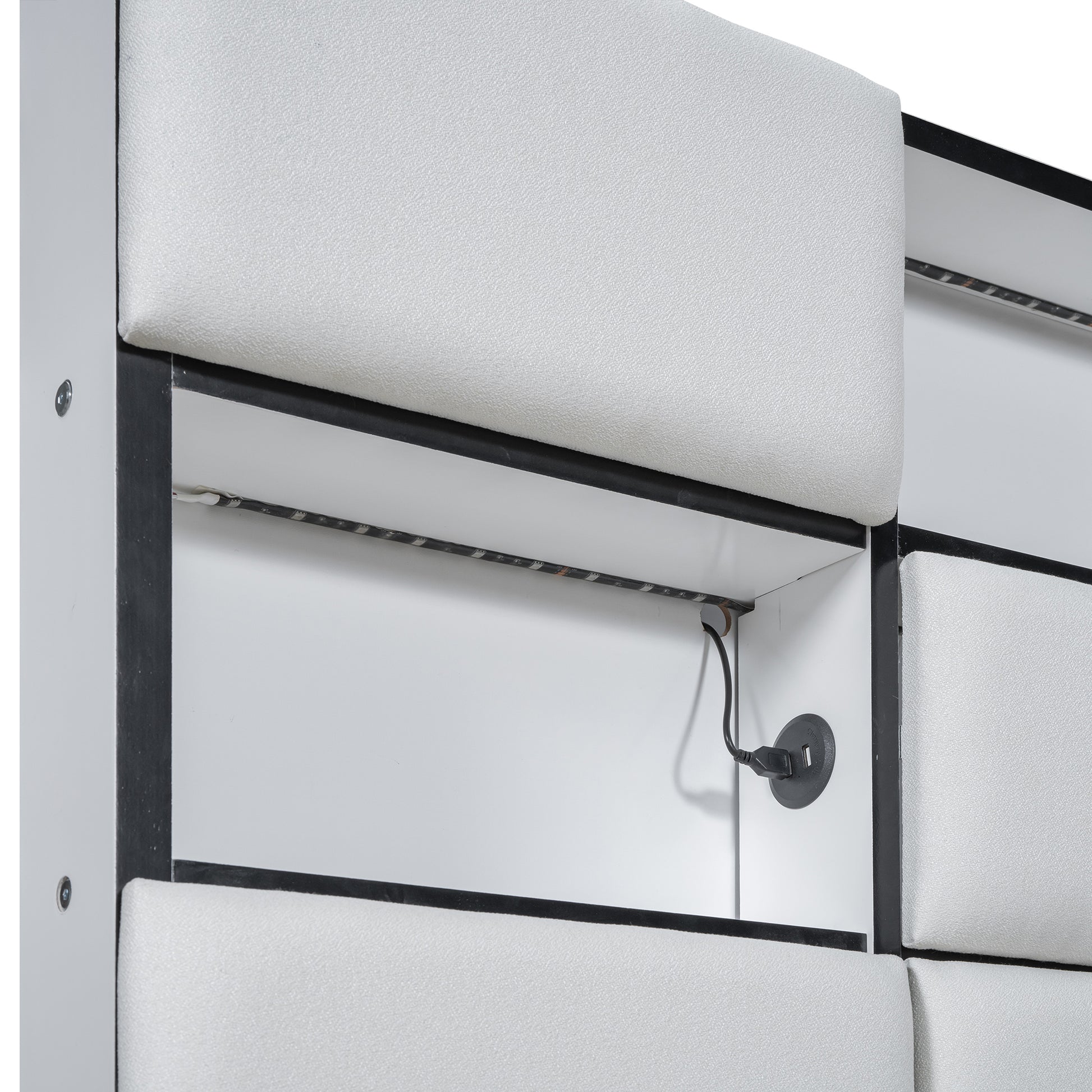 Queen Size Upholstered Platform Bed With Led, Storage And Usb, Beige Box Spring Not Required Queen Beige Wood Bedroom Solid Wood Mdf