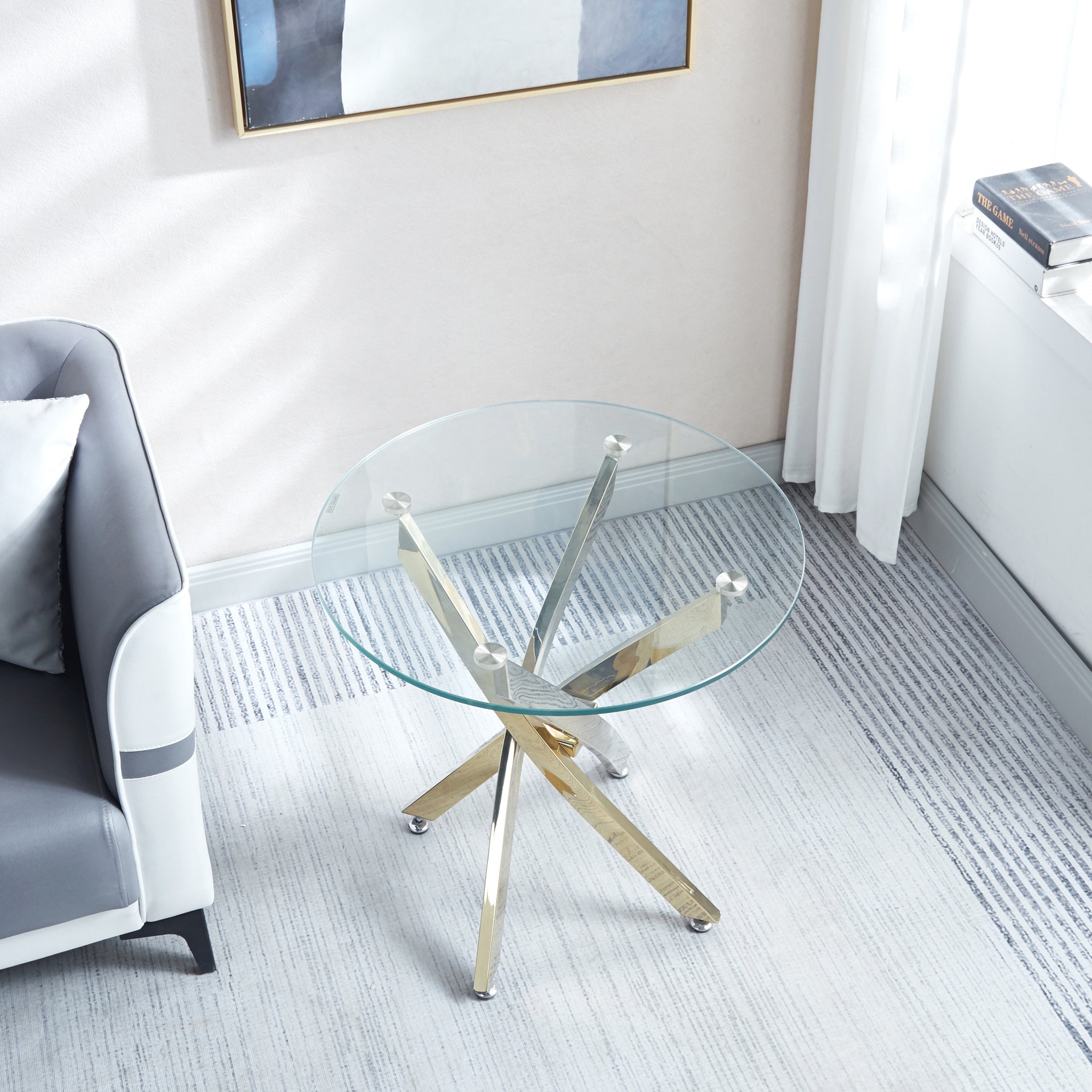 Modern Round Tempered Glass End Table With Chrome Legs Gold Tempered Glass