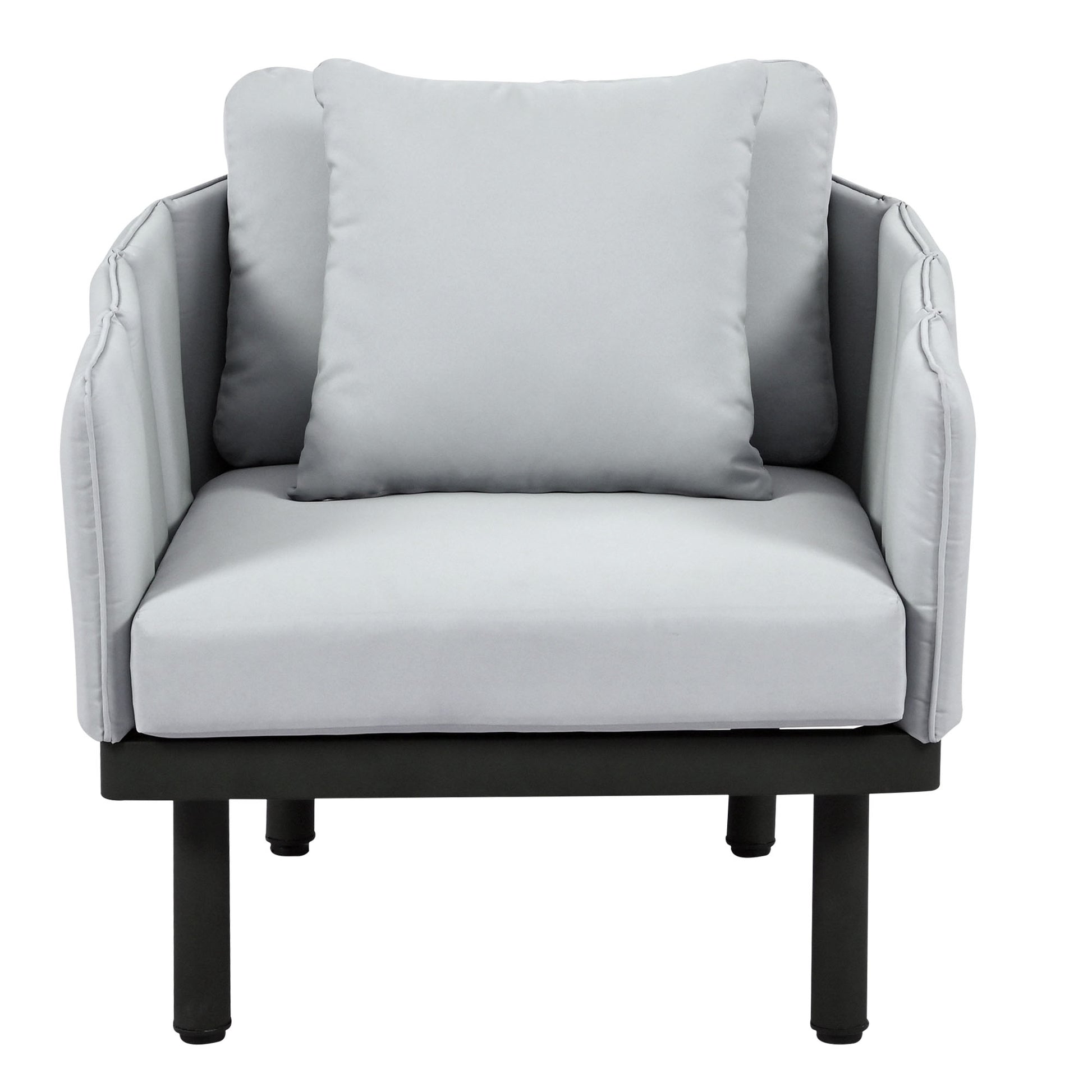 Luxury Modern 4 Piece Outdoor Iron Frame Conversation Set, Patio Chat Set With Acacia Wood Round Coffee Table For Backyard, Deck, Poolside, Indoor Use, Loveseat Arm Chairs, Gray Yes Sectional Gray Weather Resistant Frame Water Resistant Cushion Garden &