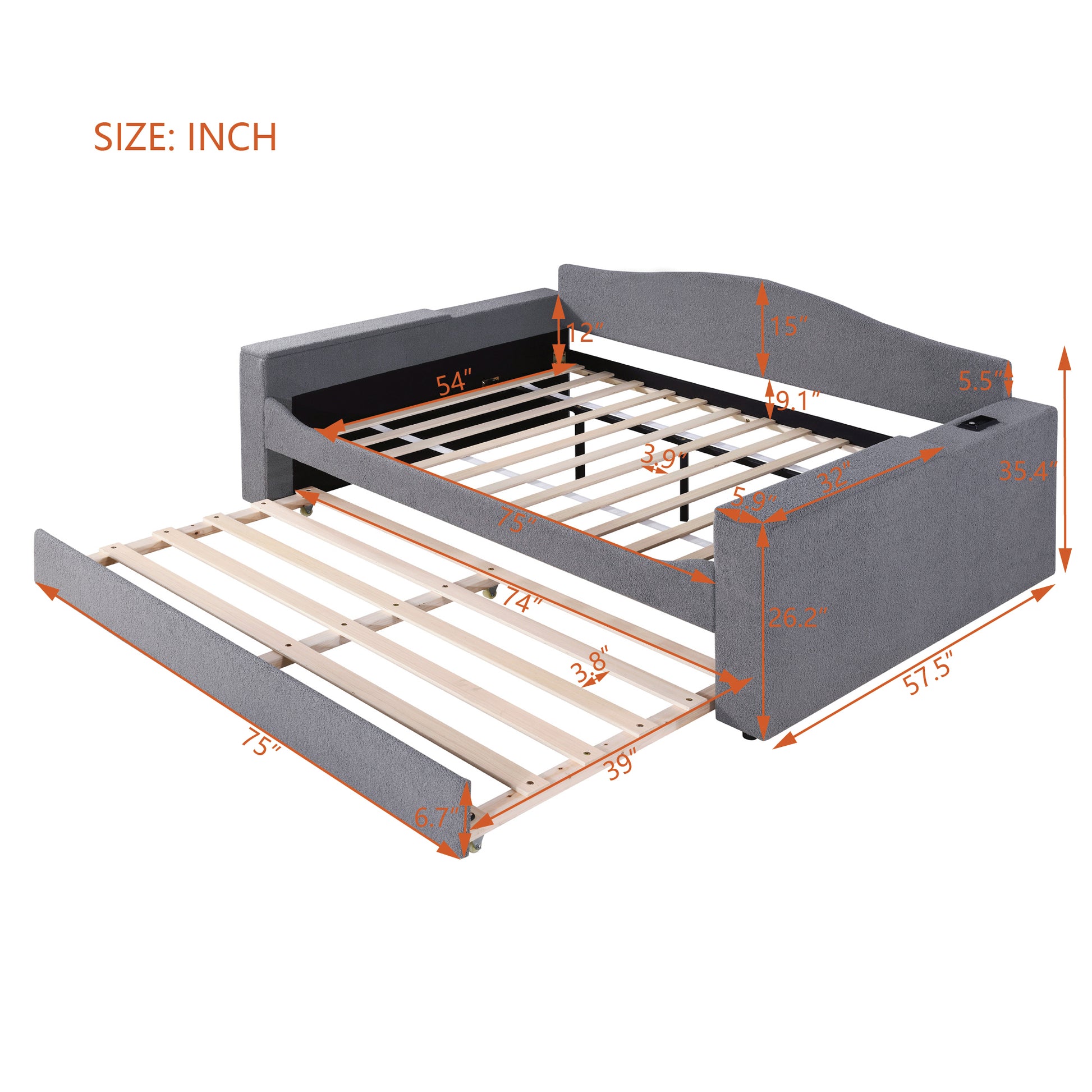 Full Size Upholstered Daybed With Storage Armrests, Trundle And Latest Integrated Bluetooth Audio System, Teddy Fleece, Gray Gray Fleece