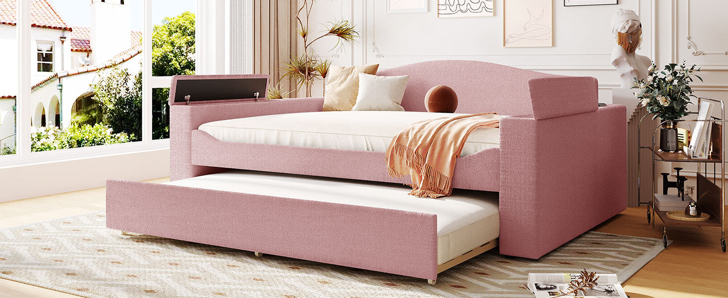 Full Size Upholstered Daybed With Storage Armrests, Trundle And Latest Integrated Bluetooth Audio System, Teddy Fleece, Pink Pink Fleece