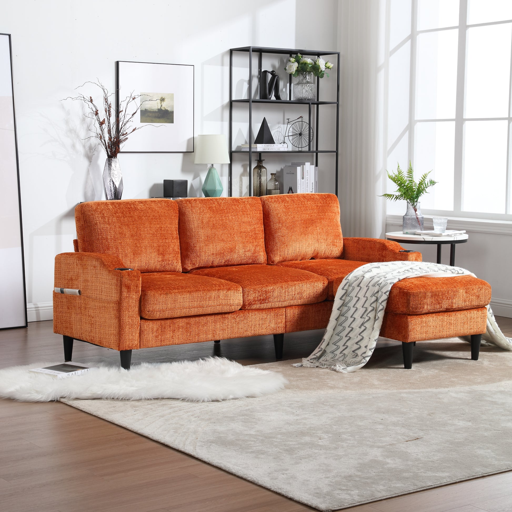 United Storage Sofa Living Room Sofa Cozy Sectional Sofa Orange Polyester 3 Seat