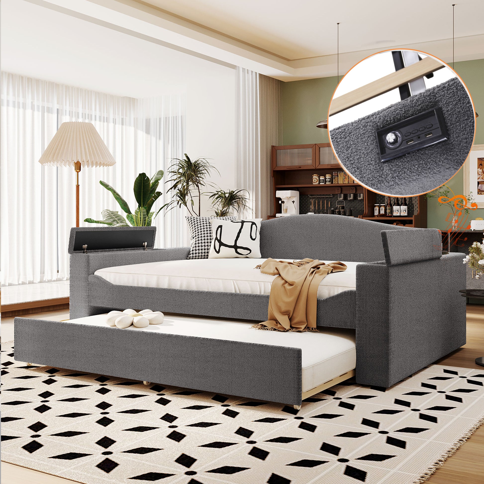Full Size Upholstered Daybed With Storage Armrests, Trundle And Latest Integrated Bluetooth Audio System, Teddy Fleece, Gray Gray Fleece