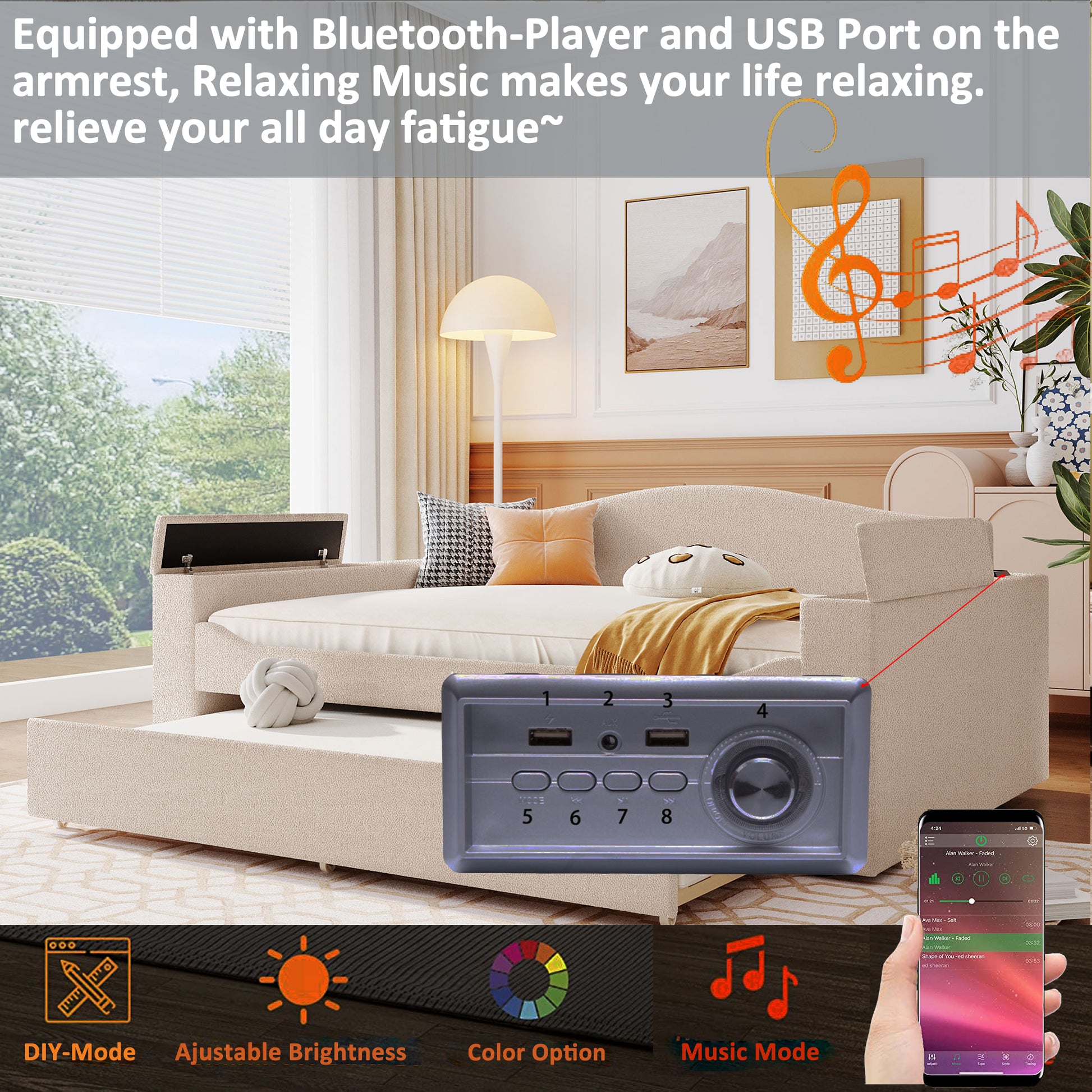 Full Size Upholstered Daybed With Storage Armrests, Trundle And Latest Integrated Bluetooth Audio System, Teddy Fleece, Beige Beige Fleece