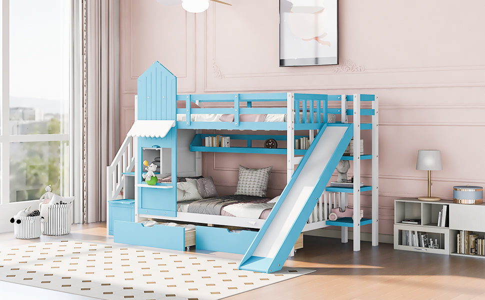 Twin Over Twin Castle Style Bunk Bed With 2 Drawers 3 Shelves And Slide Blue Blue Solid Wood