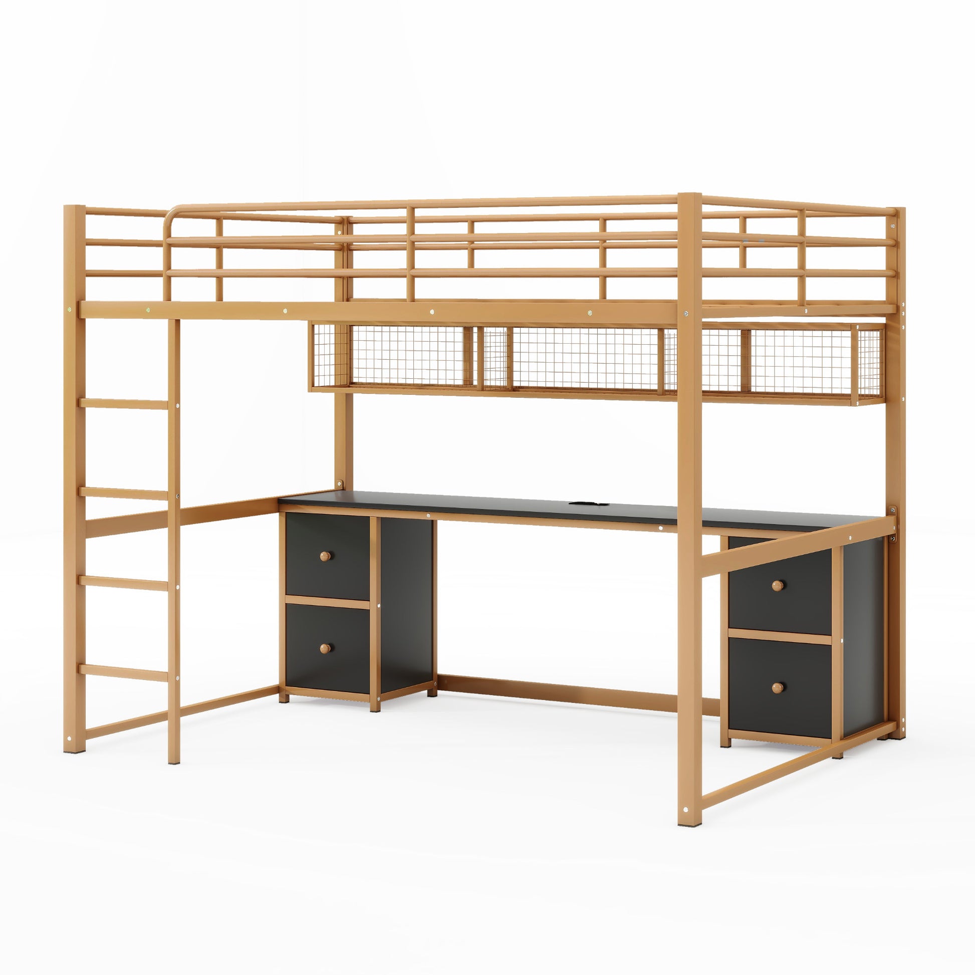 Full Size Metal Loft Bed With Desk, Drawers And Bedside Tray, Charging Station, Usb And Socket Full Gold Black Mdf Metal