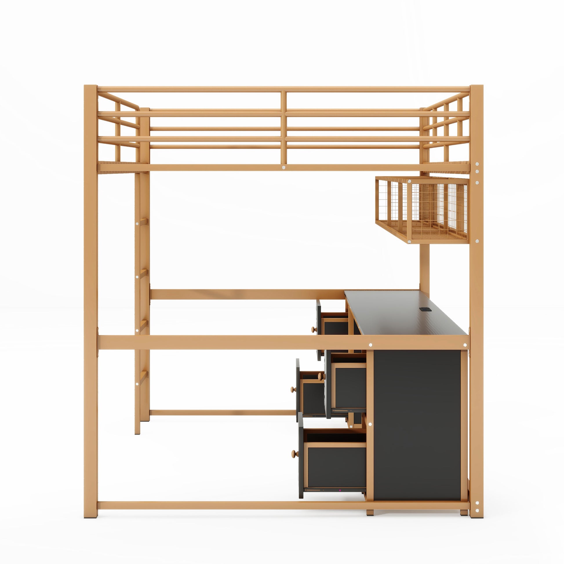 Full Size Metal Loft Bed With Desk, Drawers And Bedside Tray, Charging Station, Usb And Socket Full Gold Black Mdf Metal