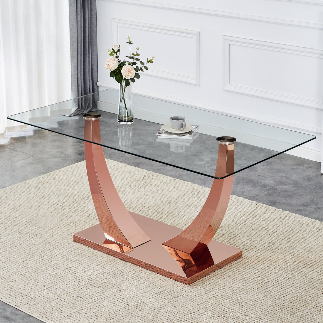 Modern Minimalist Rectangular Glass Dining Table, 0.4 "Thick, Tempered Glass Tabletop, Rose Gold Colored Legs. Used In Kitchen, Dining Room, And Living Room 63" * 31.5 "* 29.5" F 1548 Rose Gold Glass