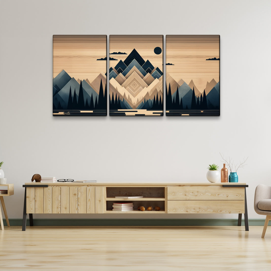 3 Panels Framed Abstract Wood Grain Boho Style Mountain & Forest Canvas Wall Art Decor,3 Pieces Mordern Canvas Decoration Painting For Office,Dining Room,Living Room, Bedroom Decor Ready To Hang