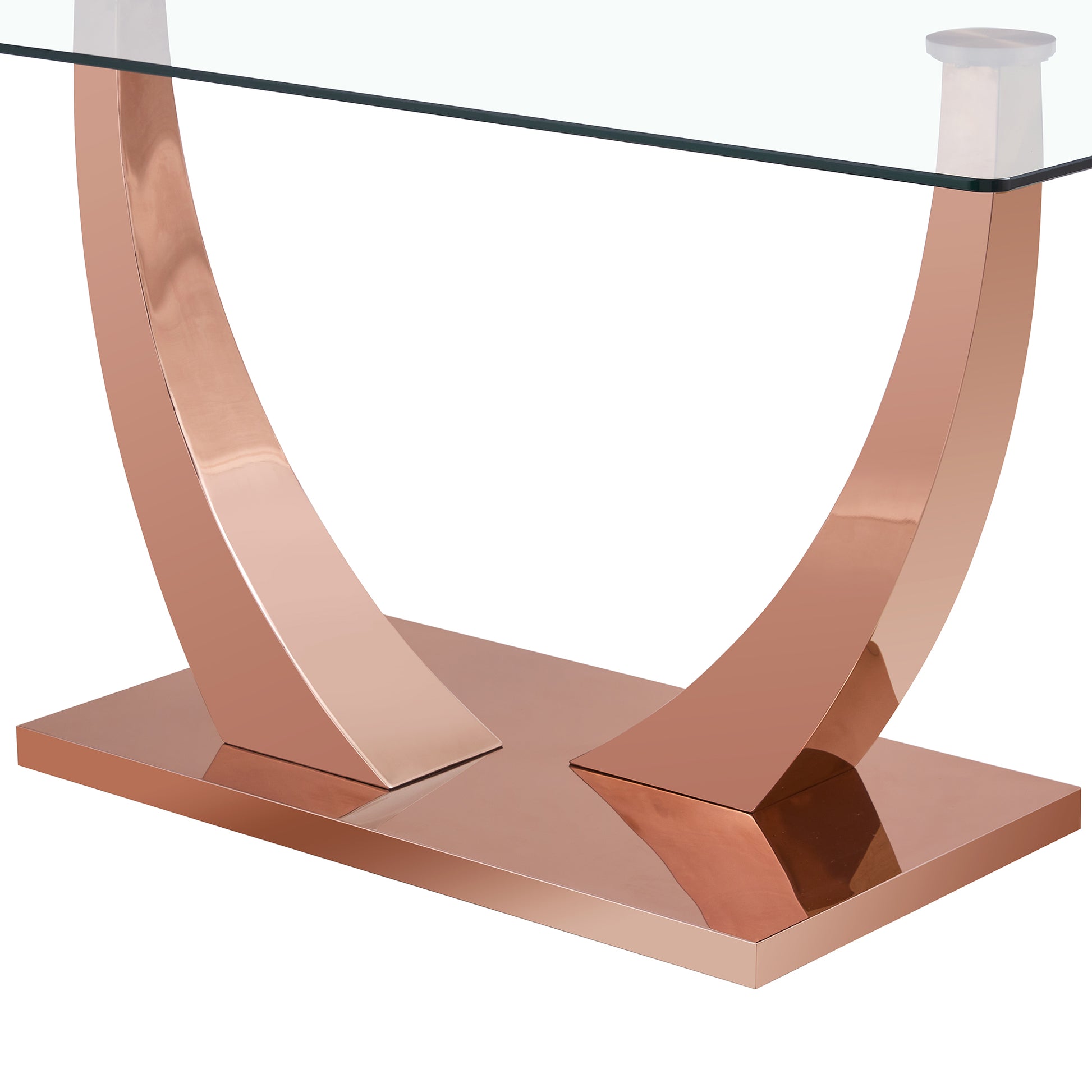 Modern Minimalist Rectangular Glass Dining Table, 0.4 "Thick, Tempered Glass Tabletop, Rose Gold Colored Legs. Used In Kitchen, Dining Room, And Living Room 63" * 31.5 "* 29.5" F 1548 Rose Gold Glass