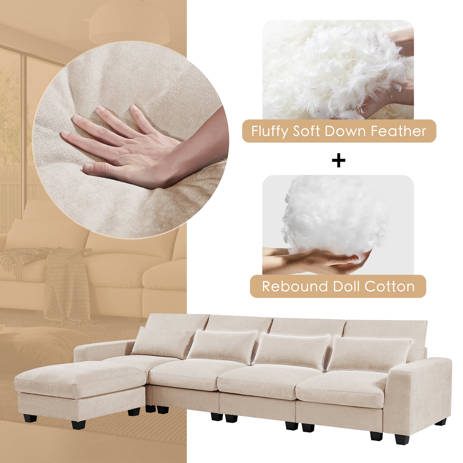 Modern Large L Shape Feather Filled Sectional Sofa, Convertible Sofa Couch With Reversible Chaise For Living Room Beige Chenille 5 Seat