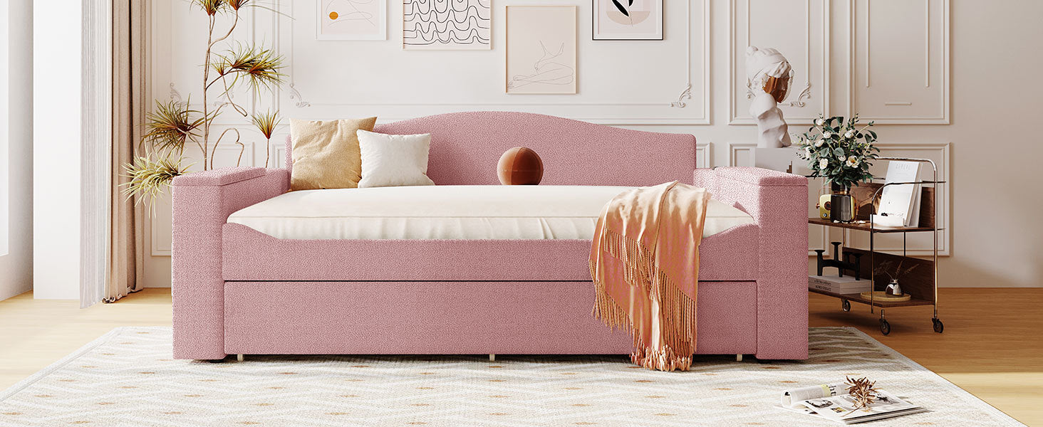 Full Size Upholstered Daybed With Storage Armrests, Trundle And Latest Integrated Bluetooth Audio System, Teddy Fleece, Pink Pink Fleece