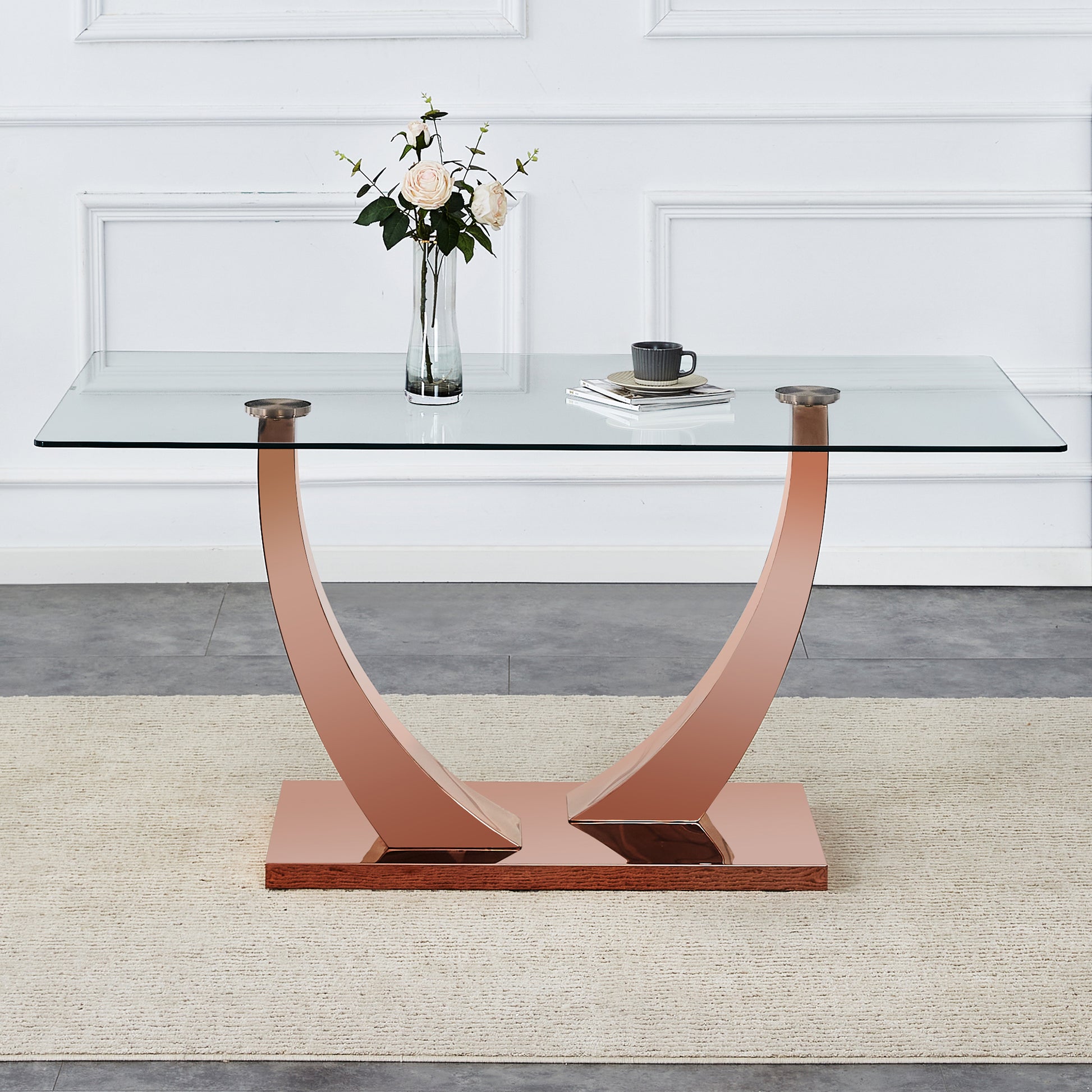 Modern Minimalist Rectangular Glass Dining Table, 0.4 "Thick, Tempered Glass Tabletop, Rose Gold Colored Legs. Used In Kitchen, Dining Room, And Living Room 63" * 31.5 "* 29.5" F 1548 Rose Gold Glass