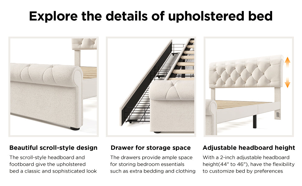 Full Size Upholstered Platform Bed With Four Drawers, Antique Curved Headboard, Linen Fabric, Beige Without Mattress Full Beige Linen